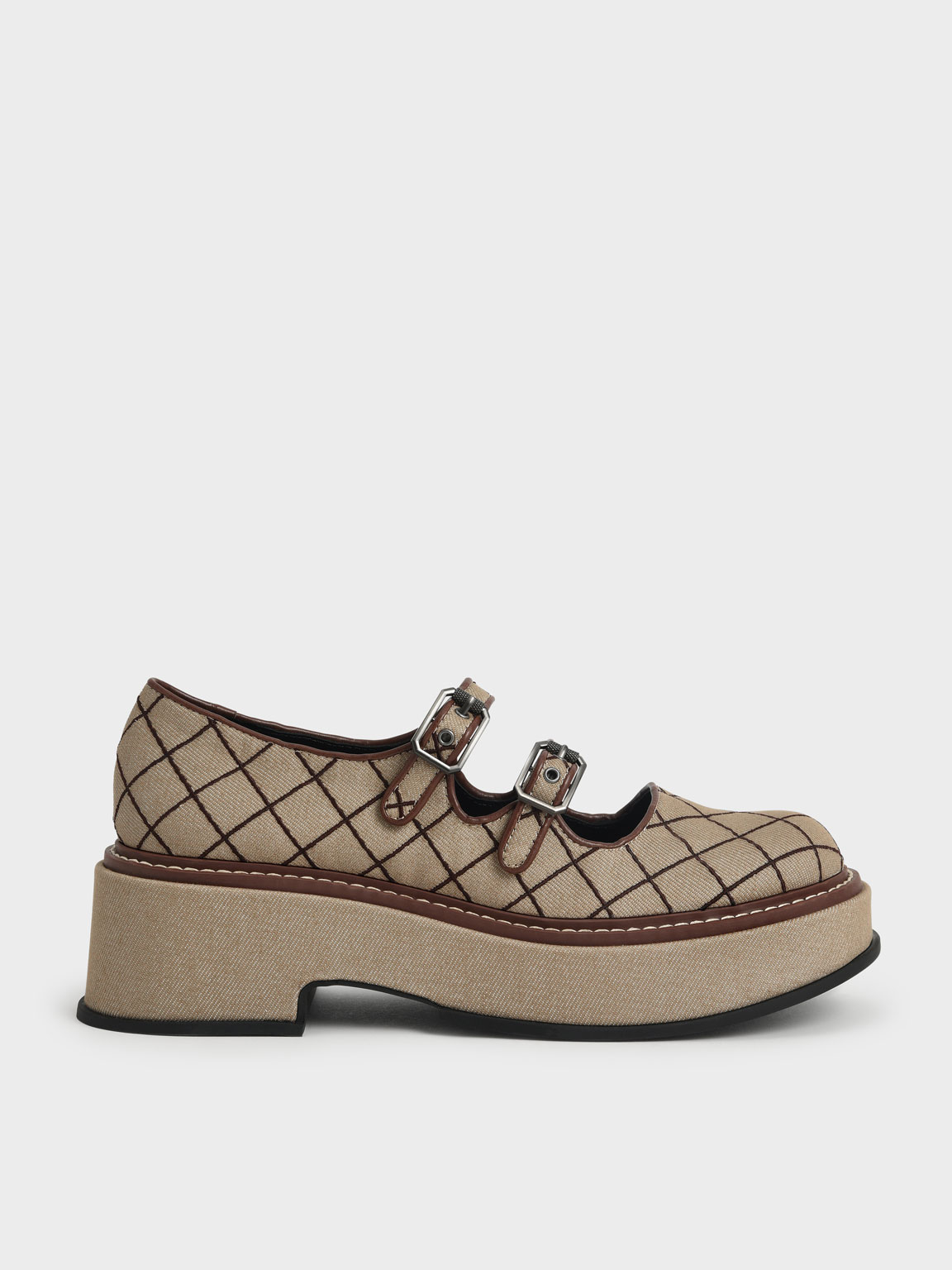 Charles & Keith Frankie Grid-print Platform Mary Janes In Brown | ModeSens
