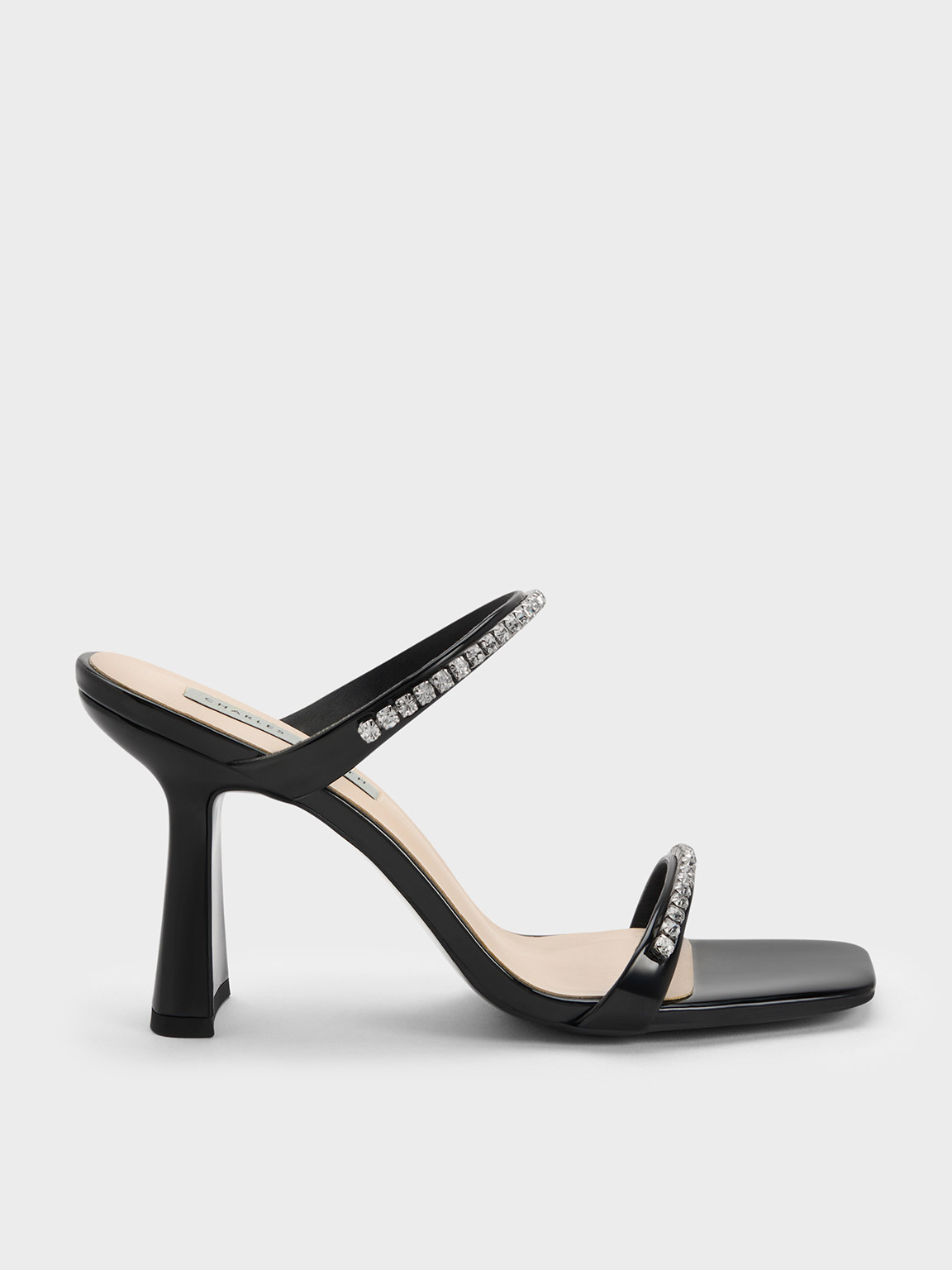 Charles & Keith Patent Gem-encrusted Heeled Sandals In Black Patent