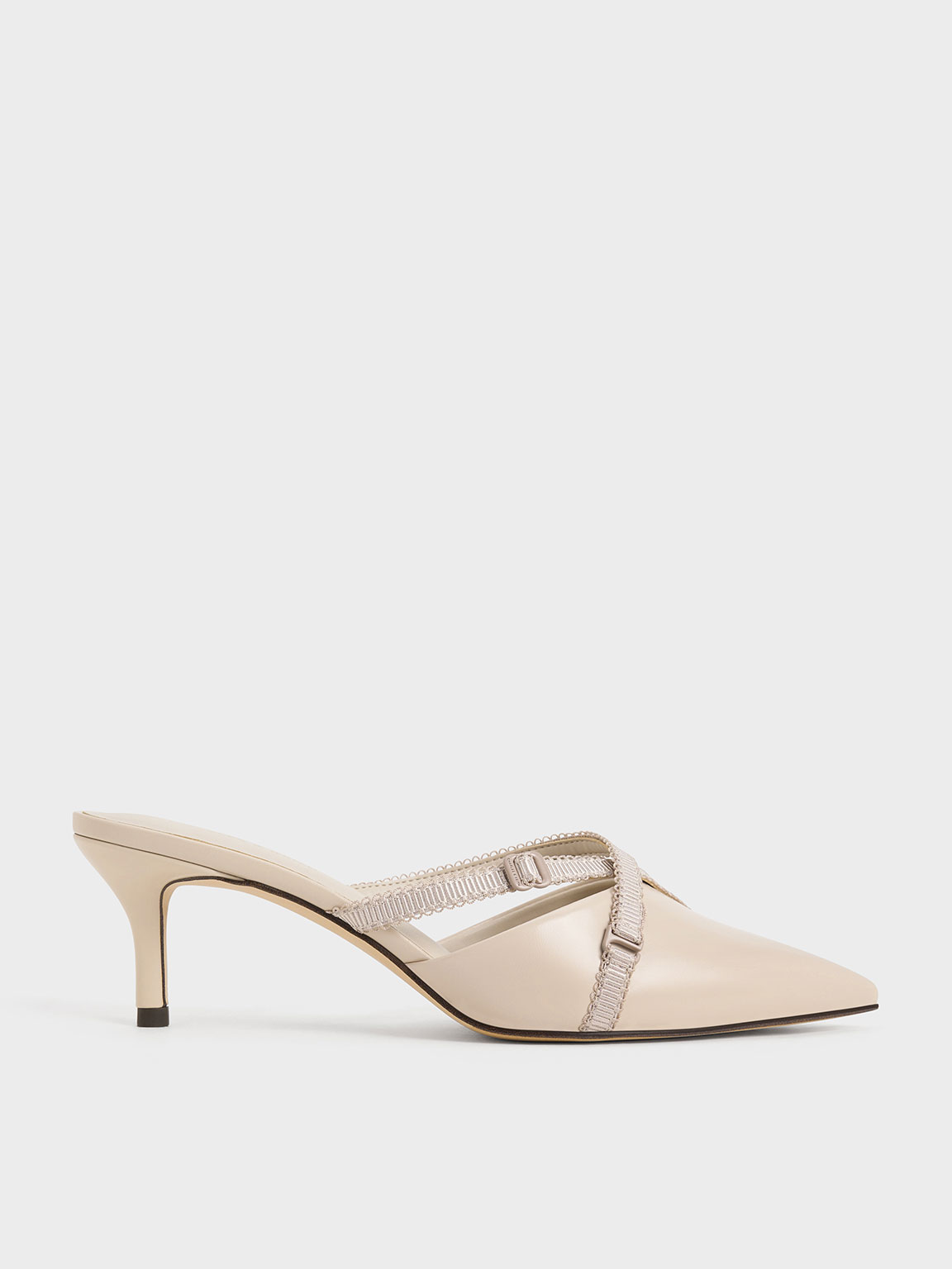 Shop Charles & Keith - Grosgrain-strap Pointed-toe Mules In Nude
