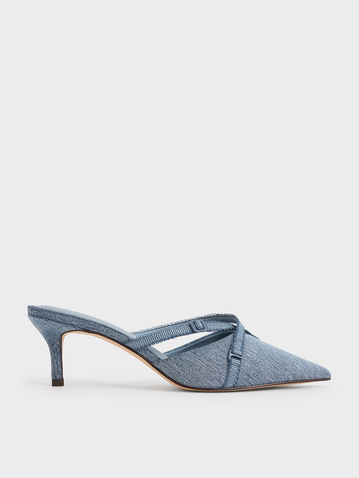 Shop Charles & Keith Denim Grosgrain-strap Pointed-toe Mules In Denim Blue