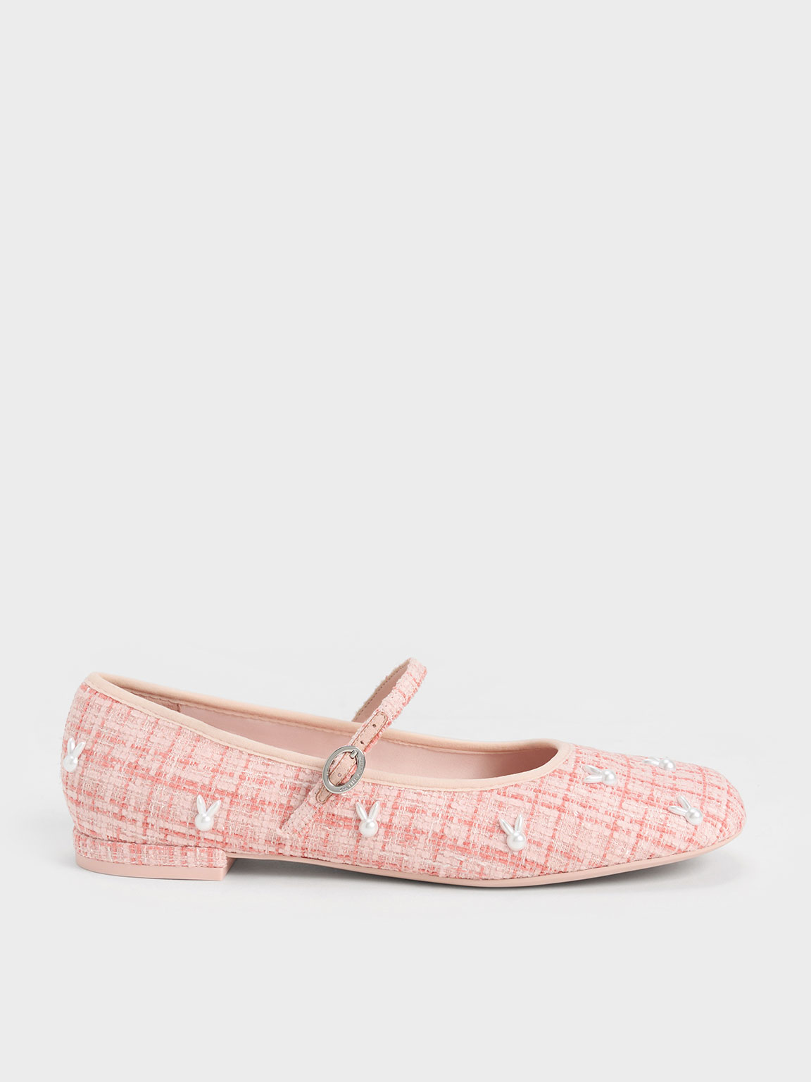 Charles & Keith Bunny Tweed Mary Jane Flats In Pink