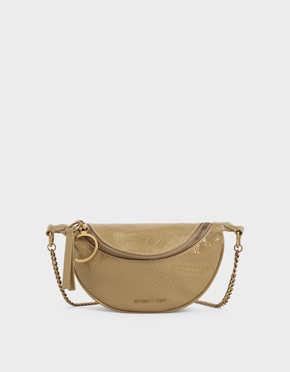 

Wrinkled Patent Semi-Circle Crossbody Bag, Sand