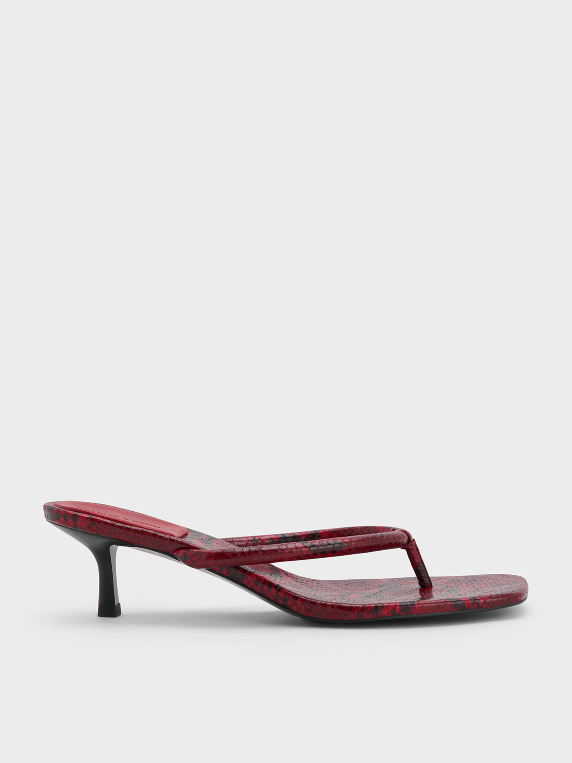 Charles & Keith - Snake-print Square-toe Kitten-heel Thong Sandals In Burgundy
