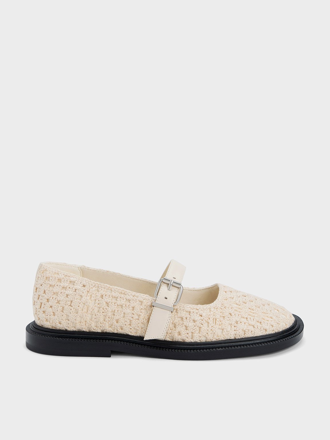 Charles & Keith Crochet & Leather Mary Janes In Chalk