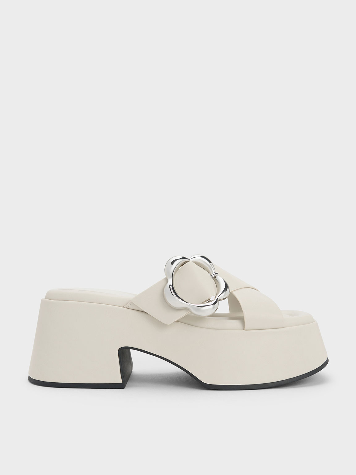 Charles & Keith Flower-buckle Crossover Platform Mules In Chalk
