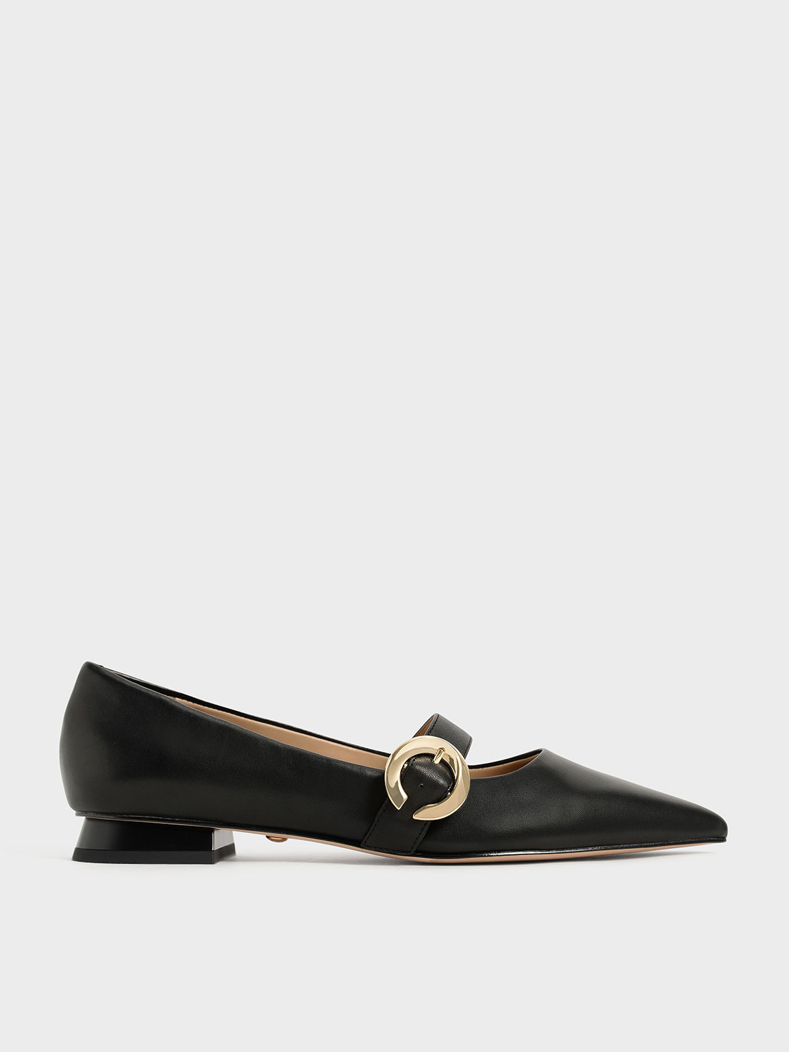 

Metallic Buckle Leather Mary Janes, Black