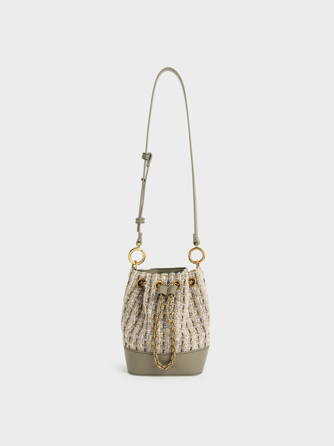 

Chunky Chain Tweed Bucket Bag, Taupe