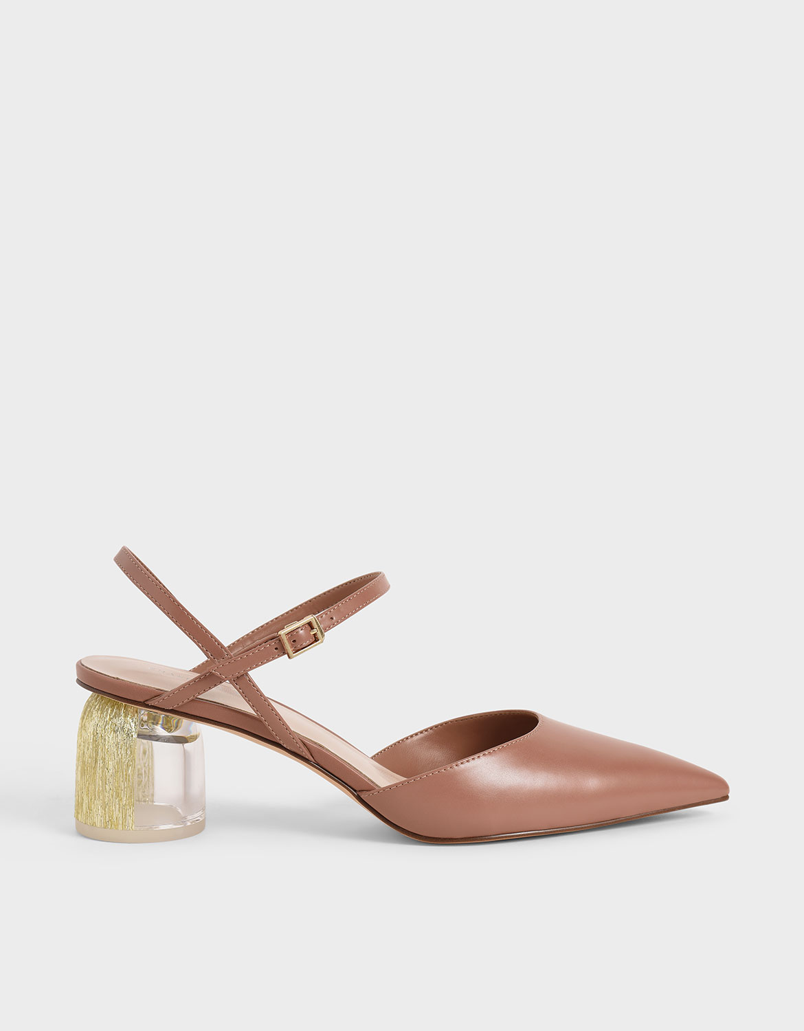 

Sculptural Heel Ankle Strap Pumps, Tan