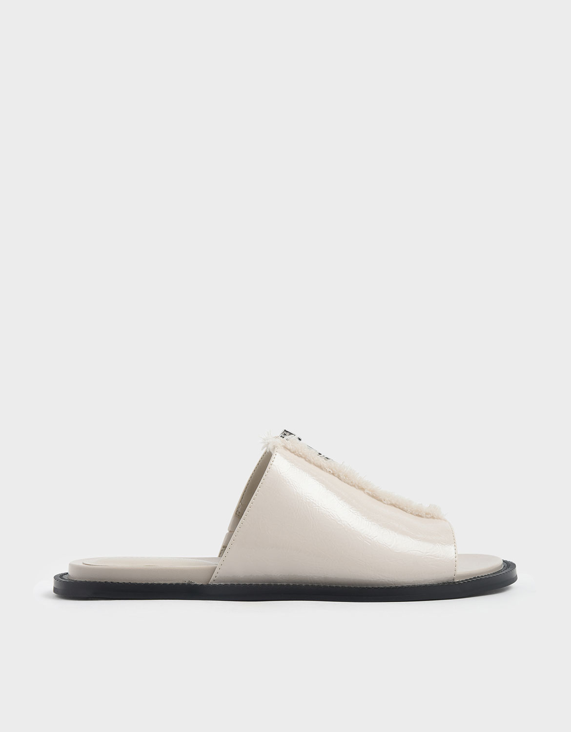 

Wrinkled Patent Frayed Zip Front Slide Sandals, Beige