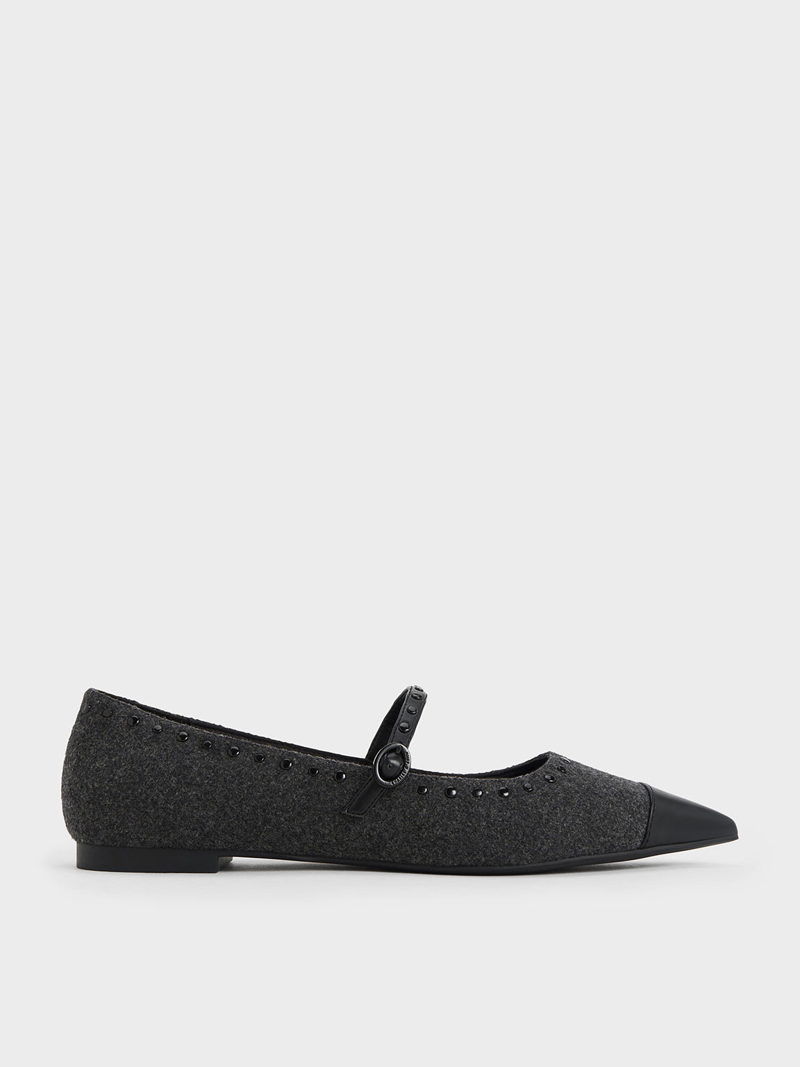 Charles & Keith - Textured Studded Pointed-Toe Mary Jane Flats
