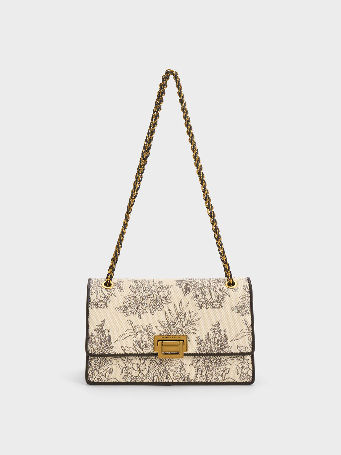 Charles & Keith Floral Illustrated Canvas Shoulder Bag In Dark Moss