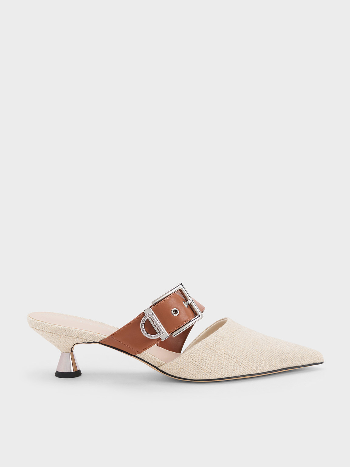 Charles & Keith Asymmetric Buckle Linen Heeled Mules In Beige