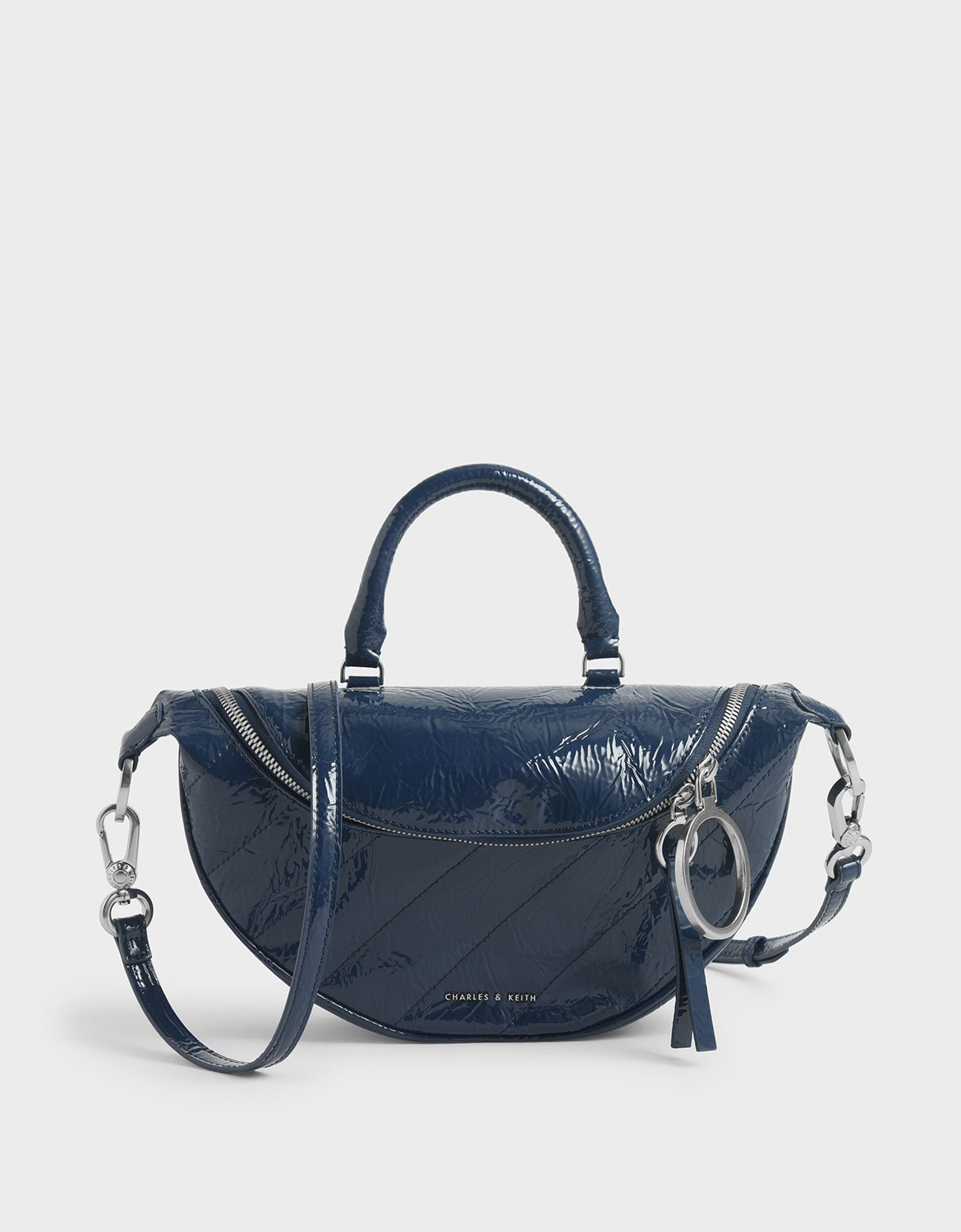 

Wrinkled Patent Semi-Circle Crossbody Bag, Blue