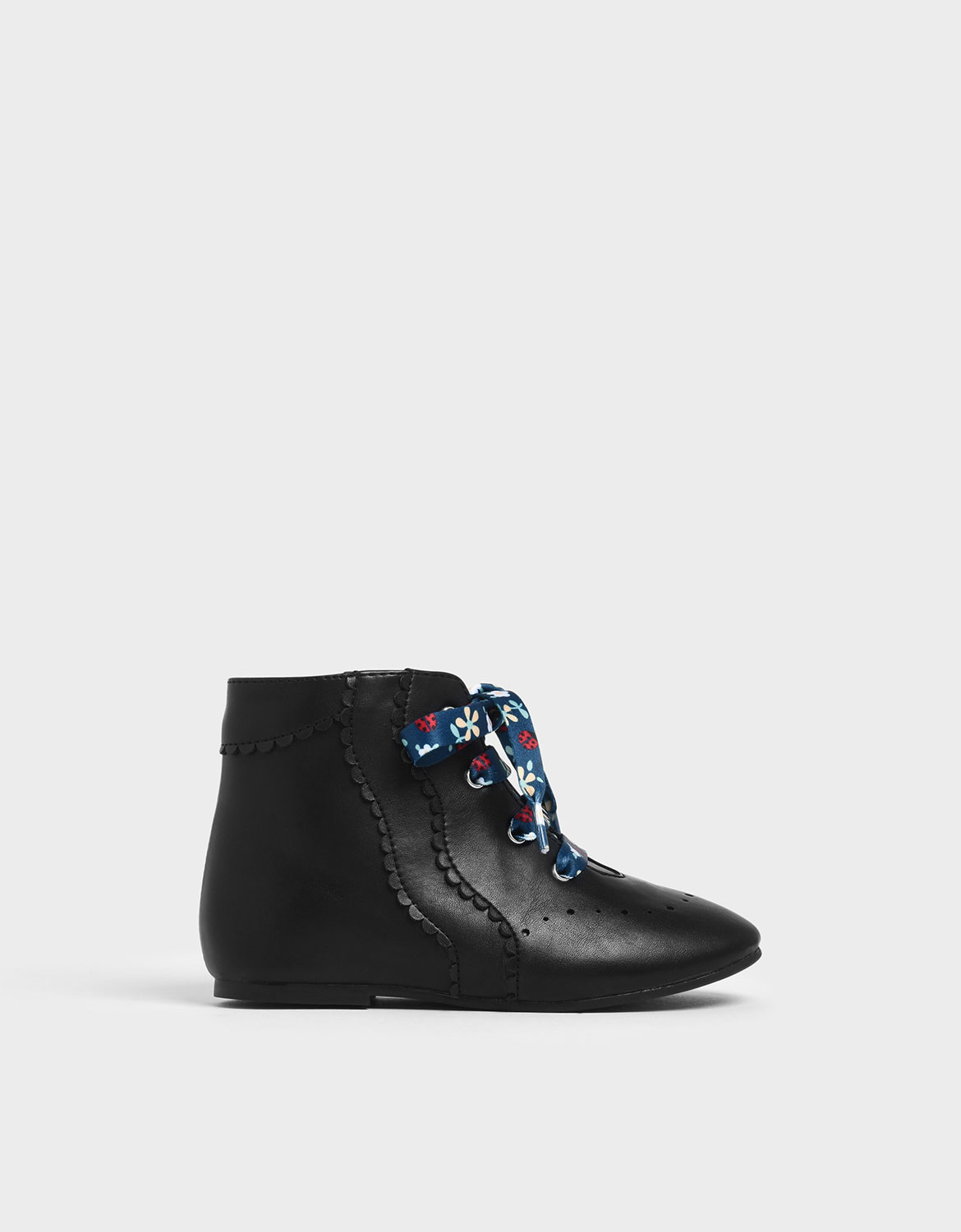 

Girls' Floral Print Lace-Up Ankle Boots, Black
