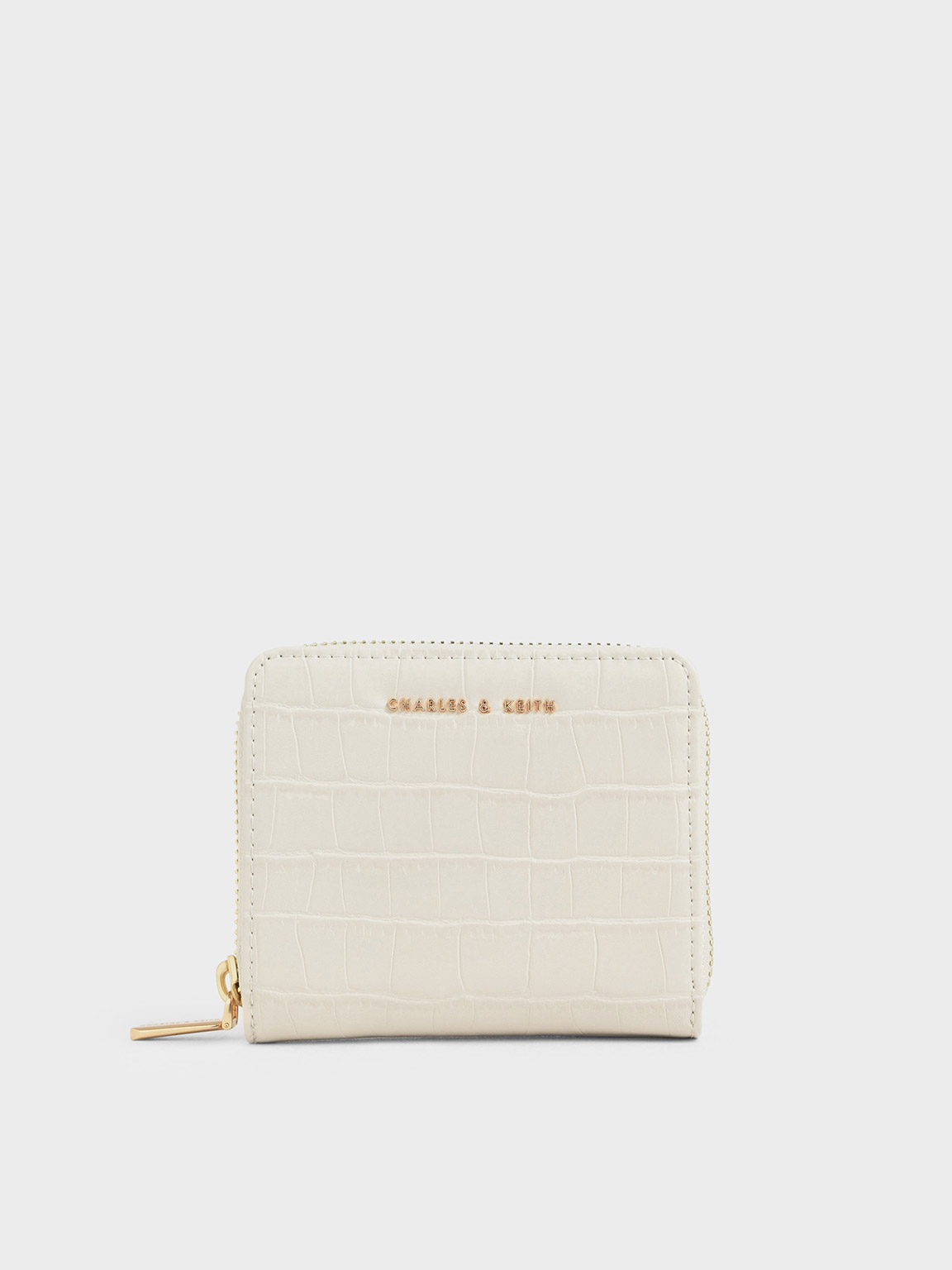 

Croc-Effect Small Zip-Around Wallet, Cream