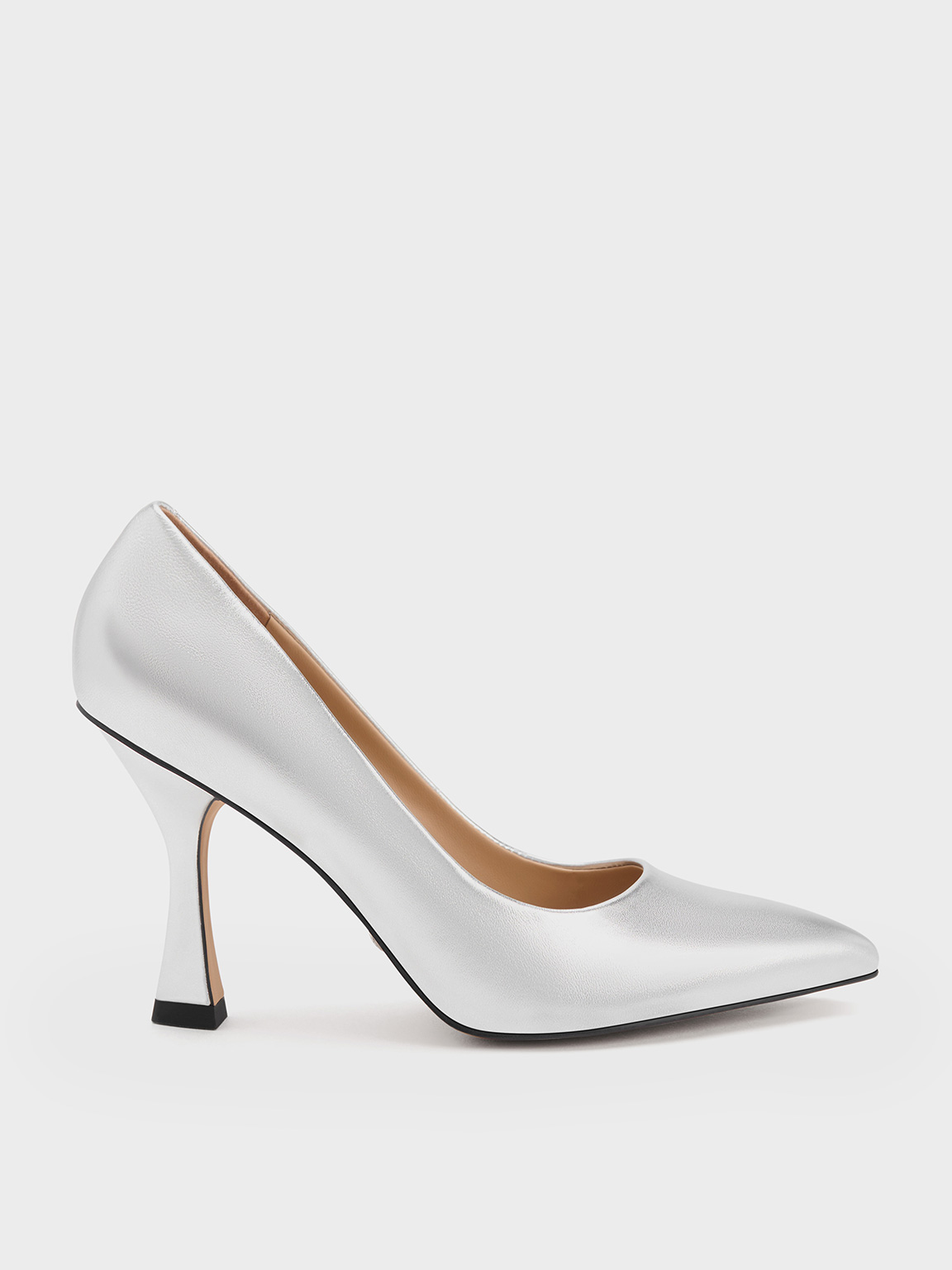 Charles & Keith Metallic Leather Flare Heel Pumps In Silver