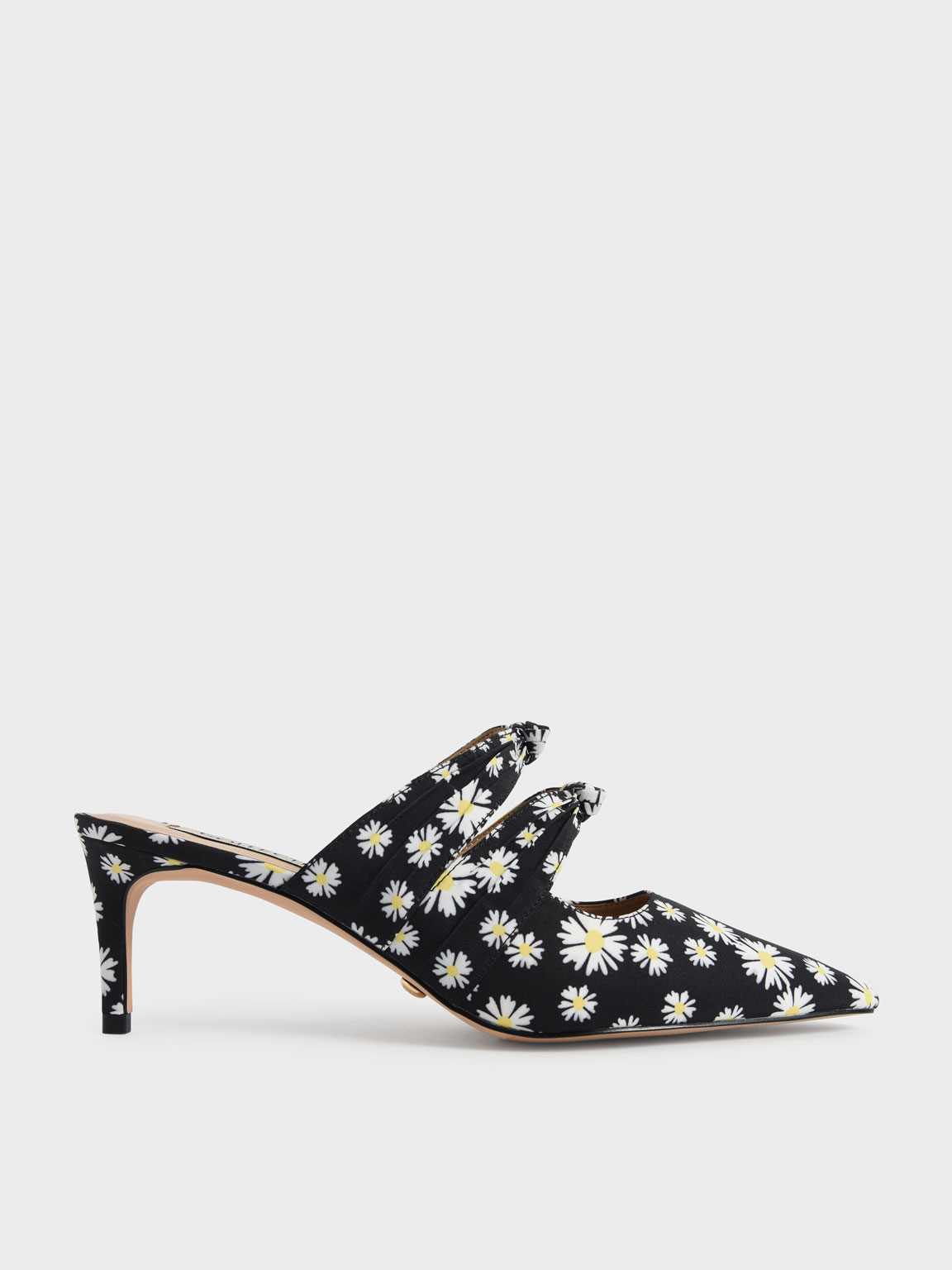 

Knot Detail Daisy Print Heeled Mules, Black textured