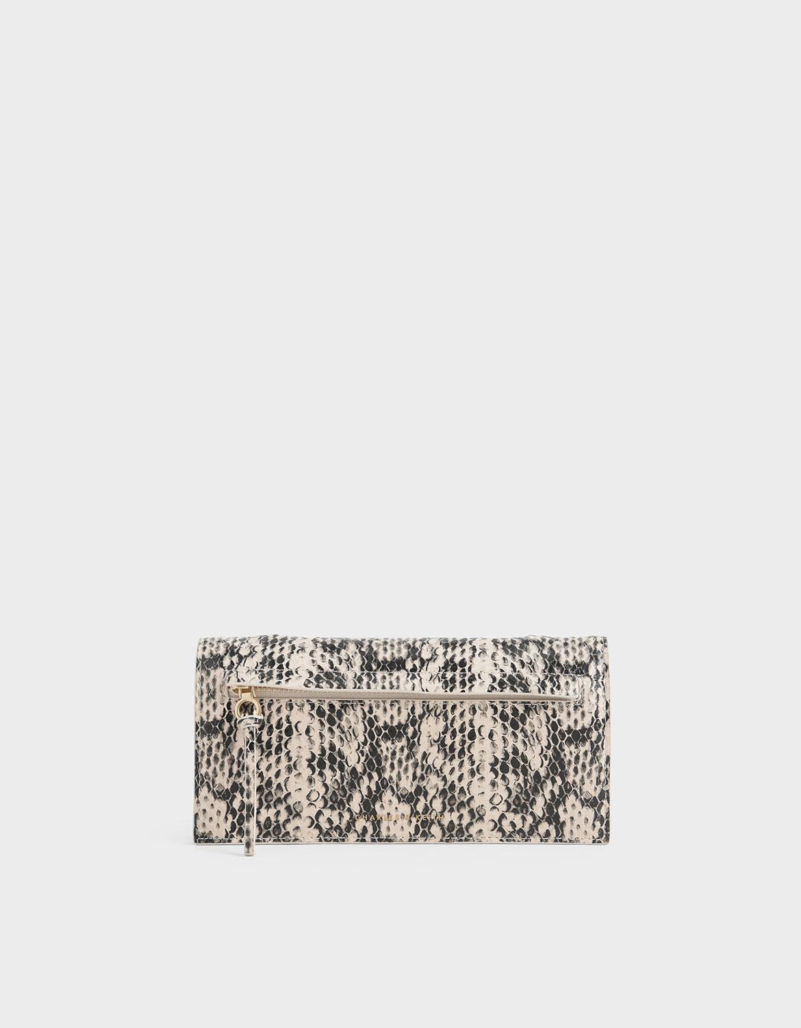 

Mini Snake Print Front Zip Long Wallet, Cream