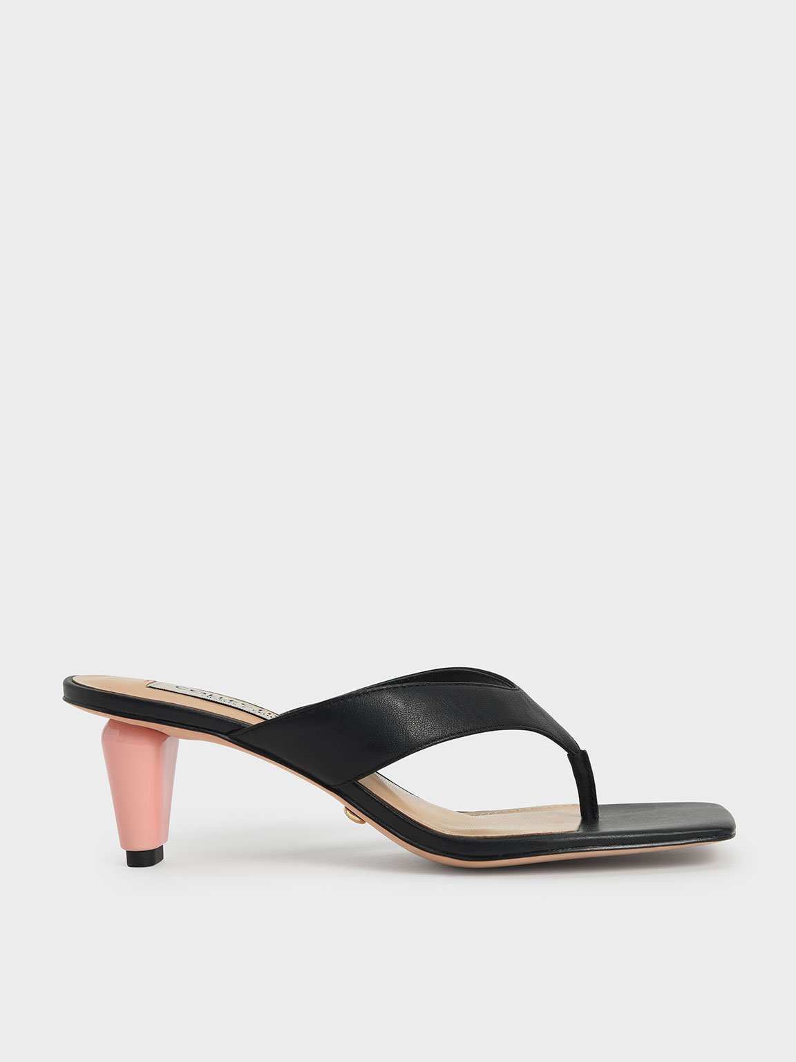 

Leather Sculptural Heel Thong Sandals, Black