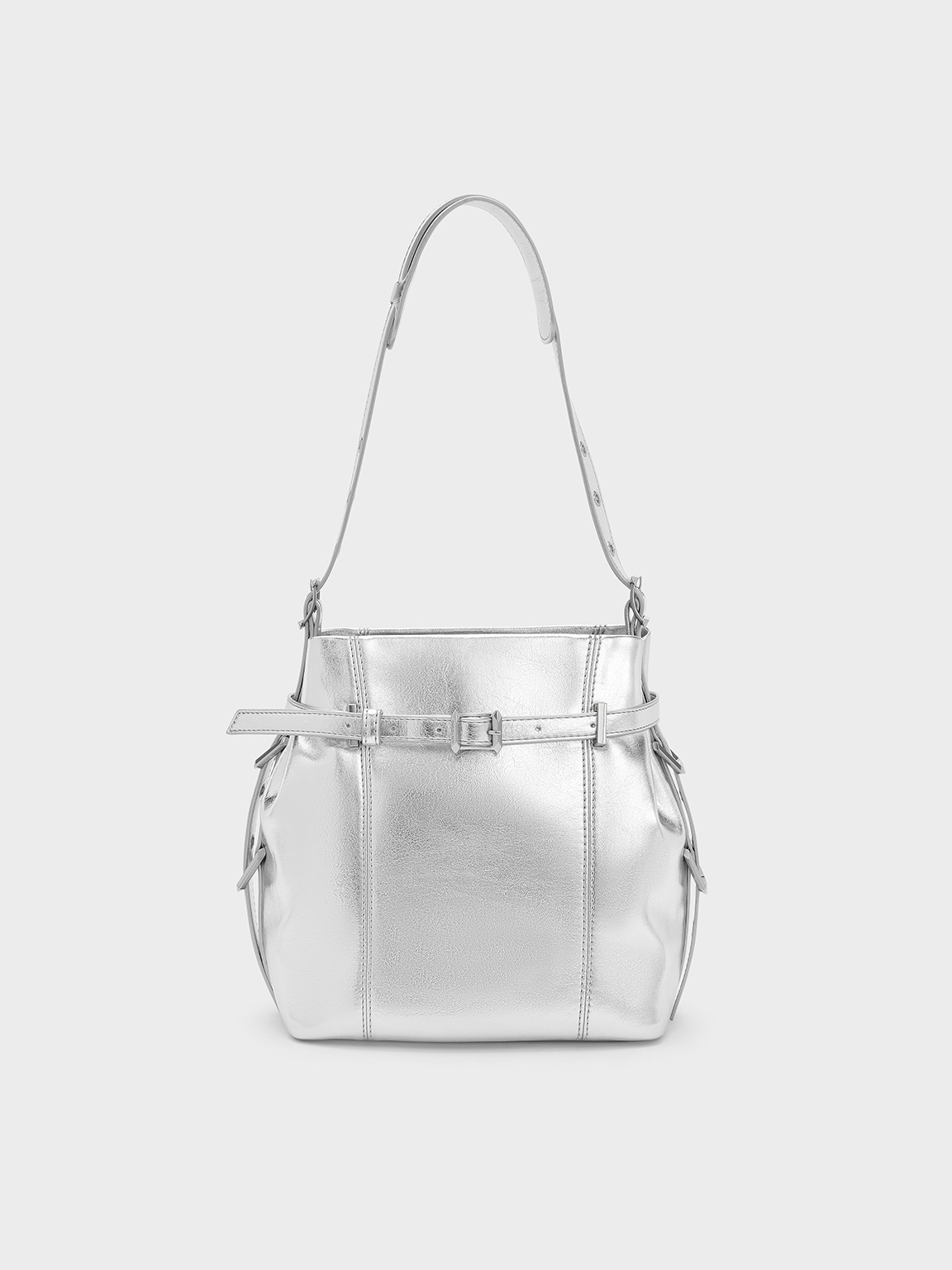 Charles & Keith - Bryna Metallic Belted Bucket Bag In Silver