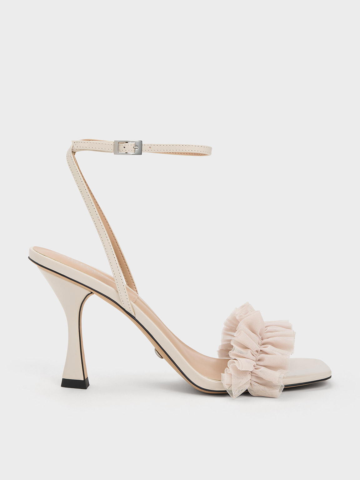 Patent Leather Ruffled Mesh Heeled Sandals