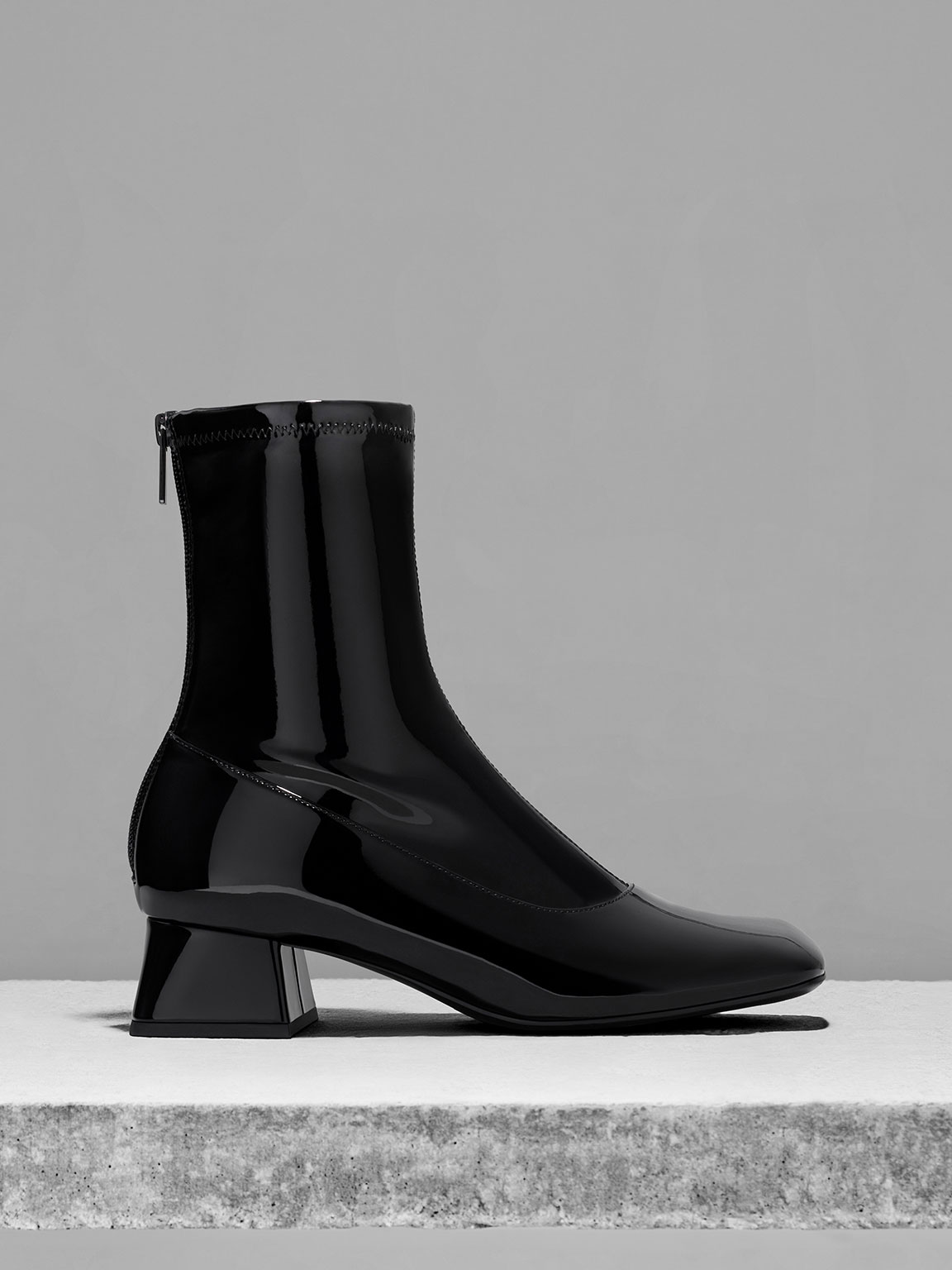 Patent Trapeze Block Heel Ankle Boots