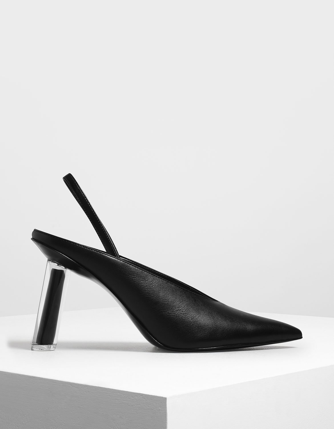 

V-Cut Sculptural Heel Slingbacks, Black
