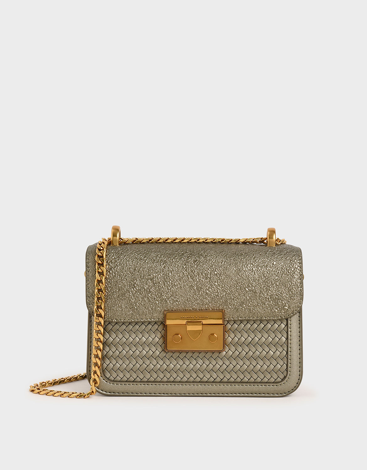 

Woven Push-Lock Crossbody Bag, Bronze