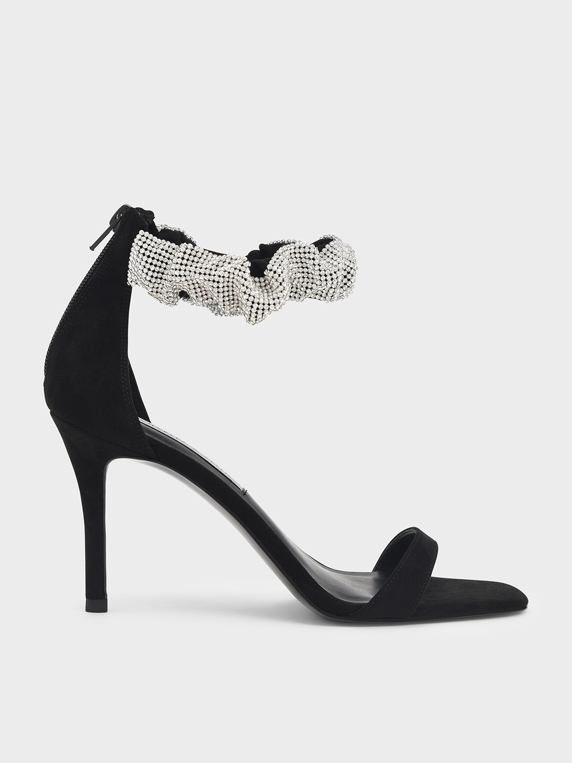 

Gem-Encrusted Ruffle Strap Stiletto Sandals