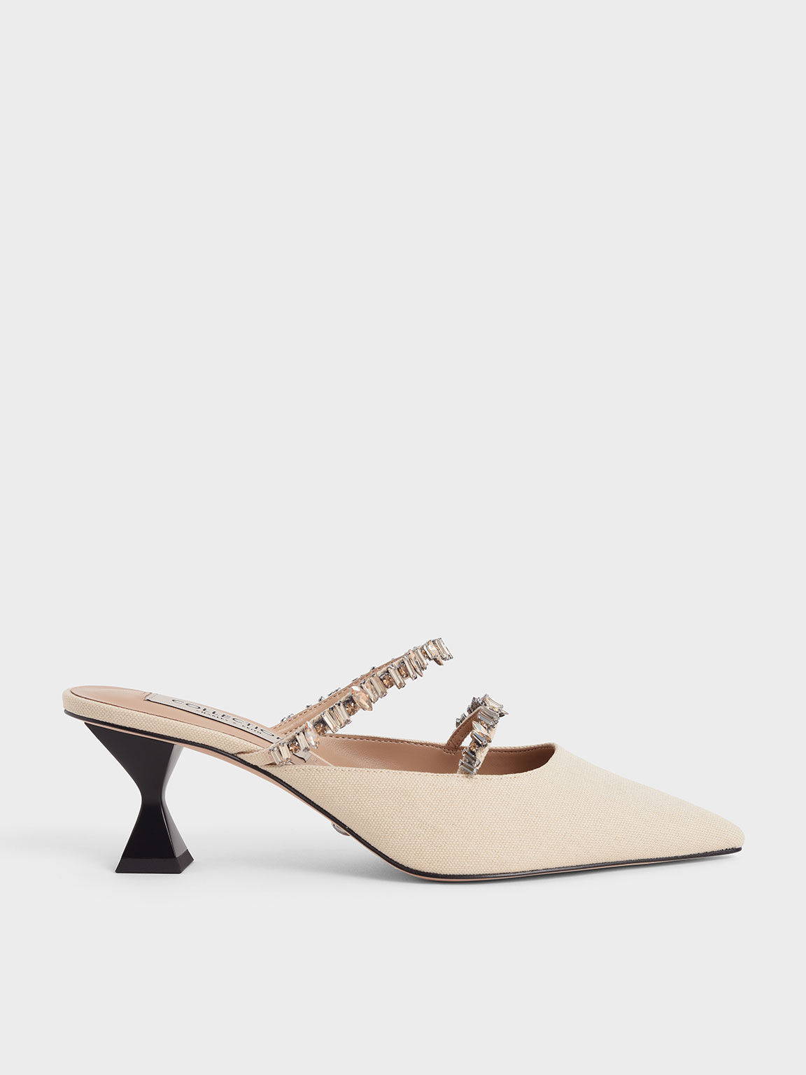 

Canvas Gem-Embellished Mules, Beige