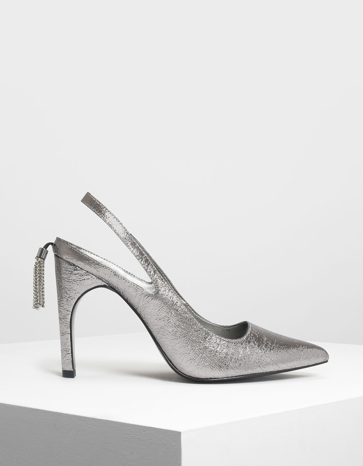 

Embellished Tassel Slingback Heels, Pewter