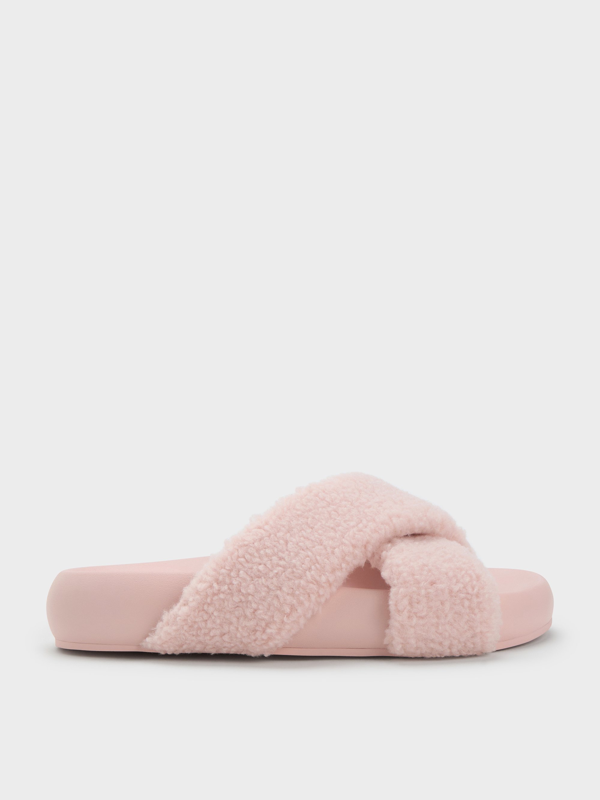 Charles & Keith - Lumi Faux Shearling Crossover-strap Slide Sandals In Pink