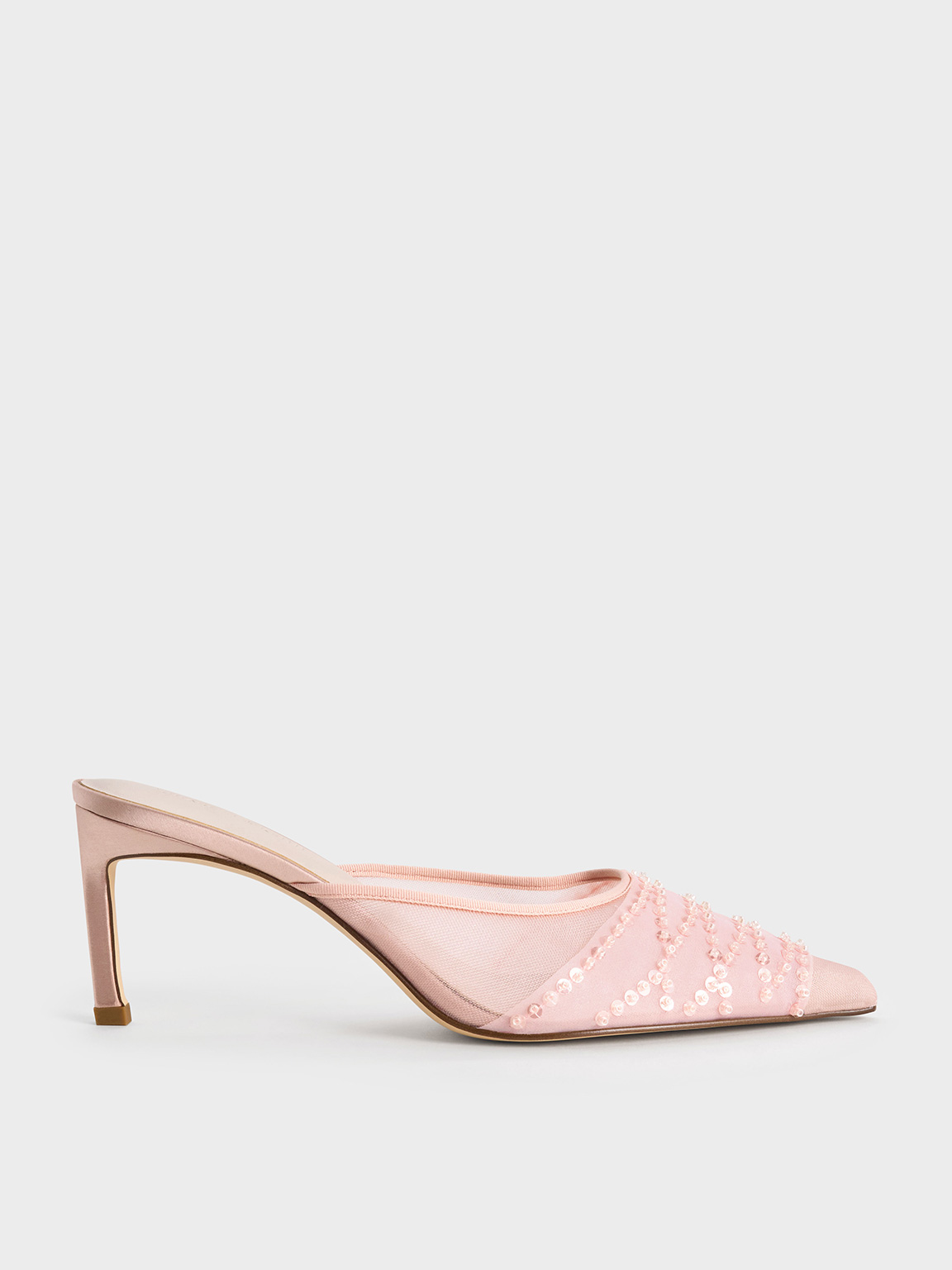 Charles & Keith - Mesh Sequinned Heeled Mules In Nude