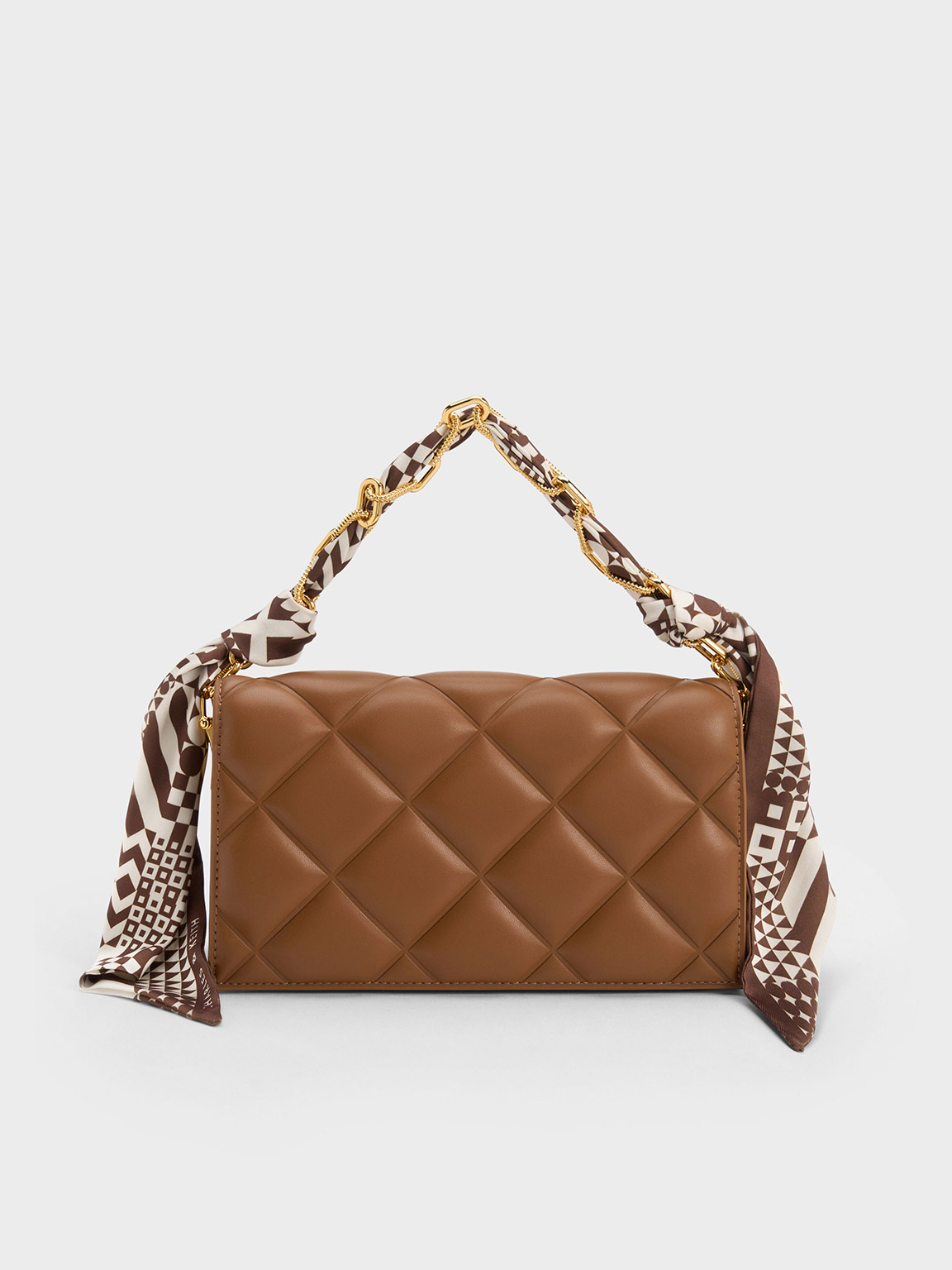 Charles & Keith Alcott Scarf Handle Quilted Clutch In Chocolate