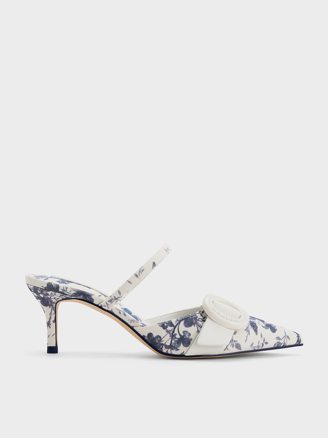 Oval-Buckle Floral-Print Pointed-Toe Mules