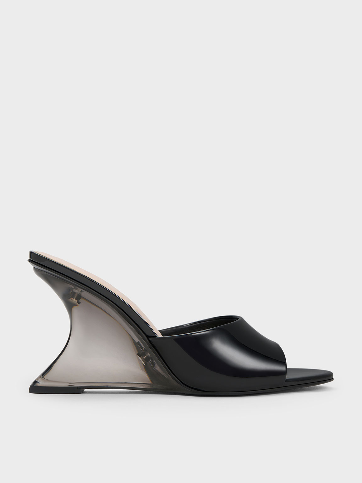 Charles & Keith Patent Sculptural Heel Wedges In Black Patent