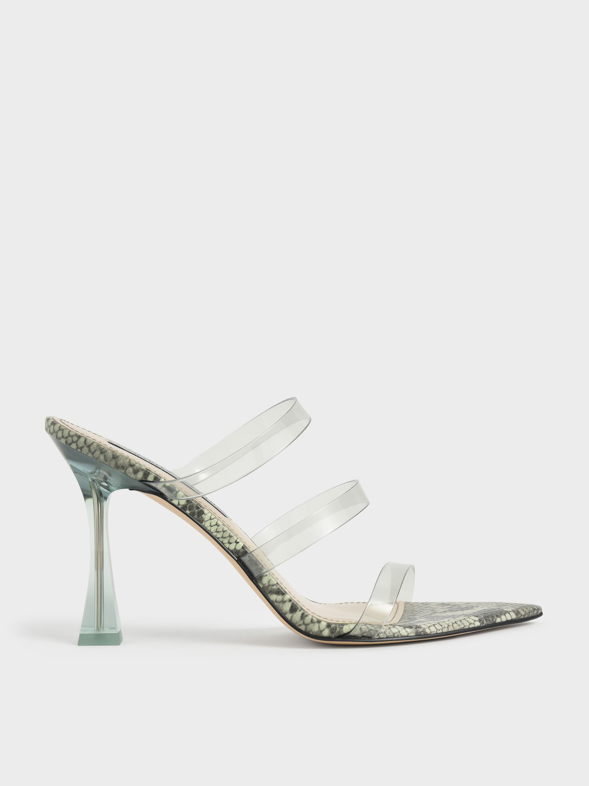 

Snake Print Clear Strap Sculptural Heel Sandals, Animal print green