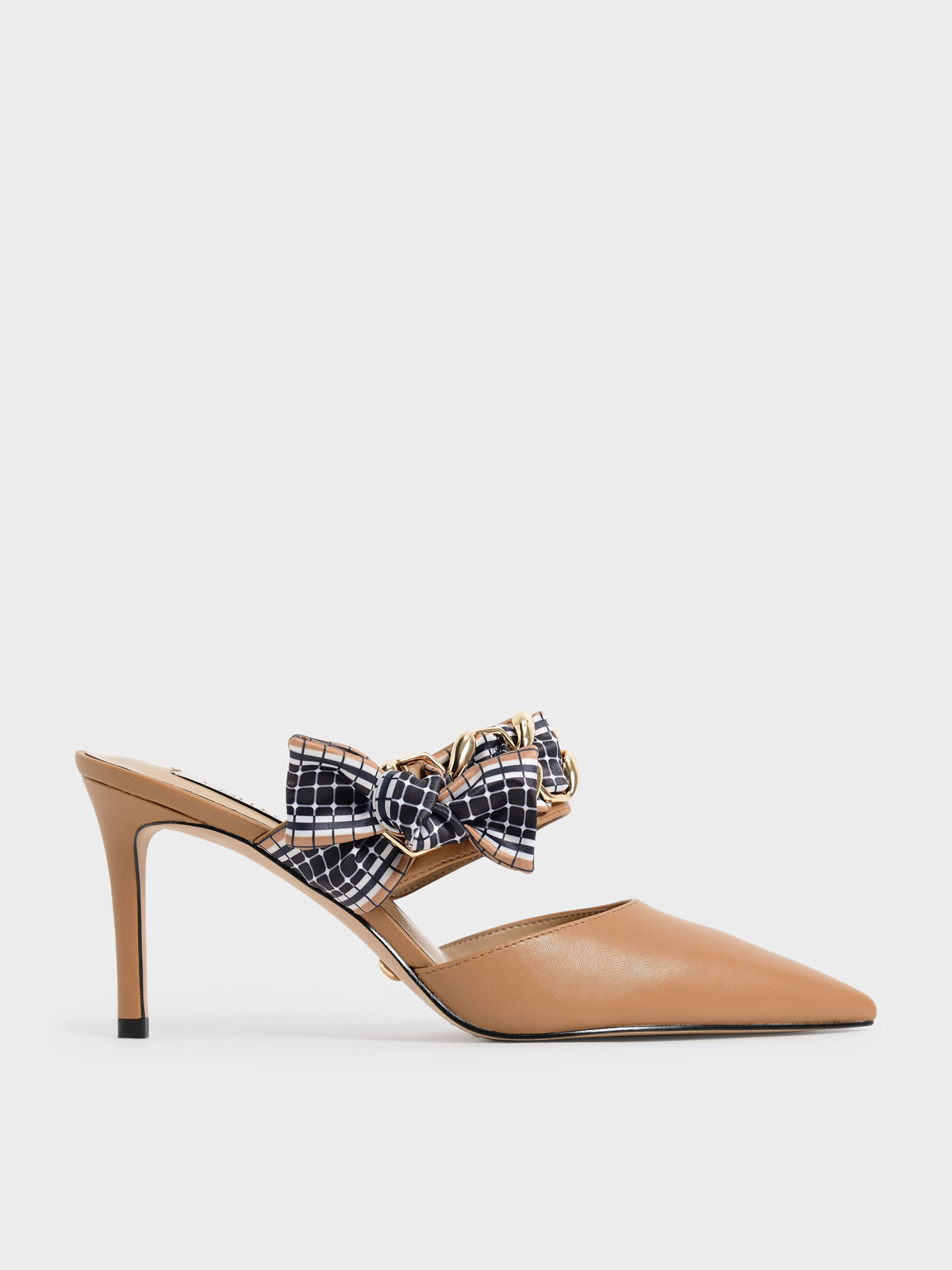 

Printed Fabric Bow Leather Mules, Caramel