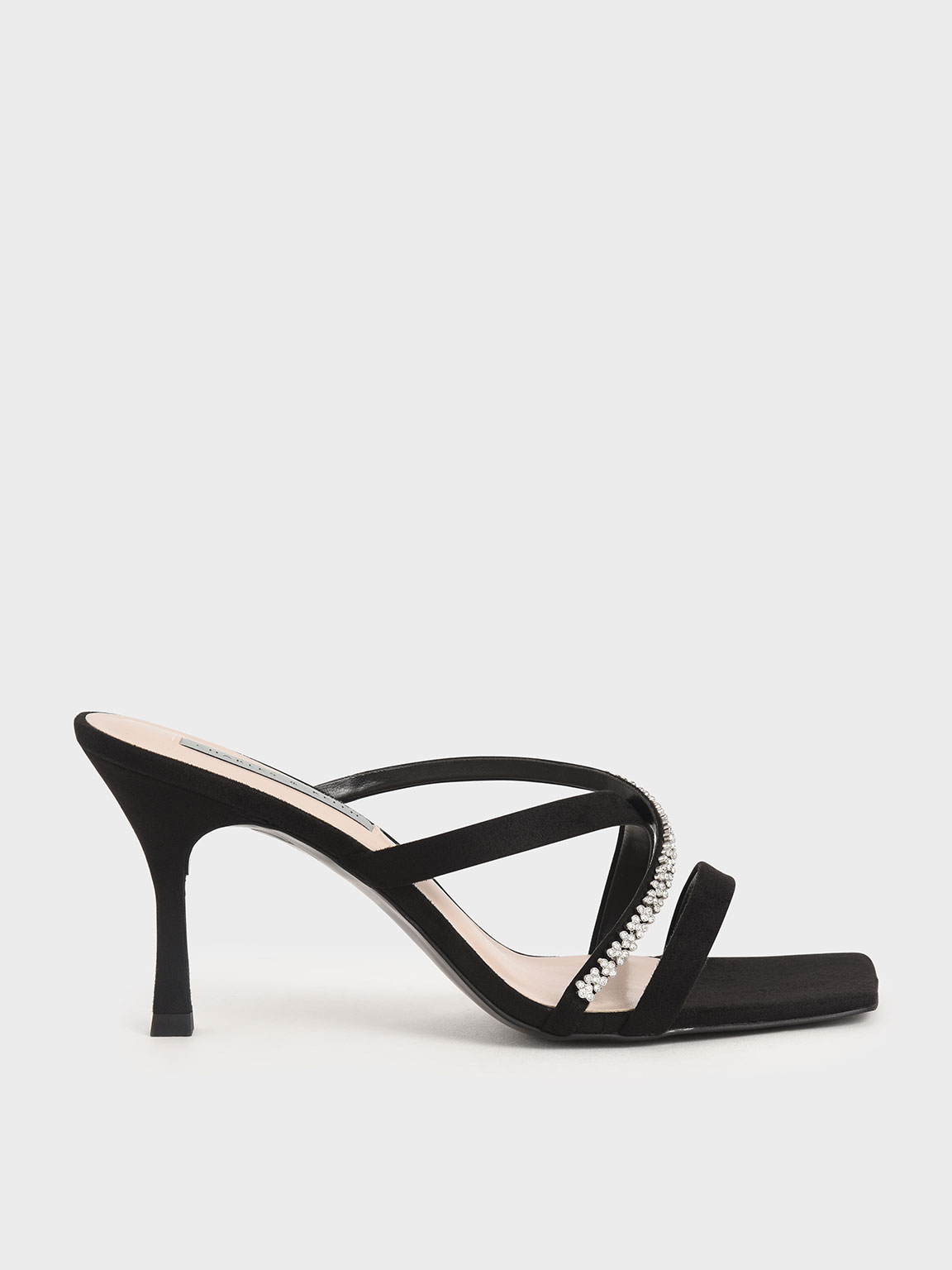 

Textured Gem-Embellished Strappy Mules, Black
