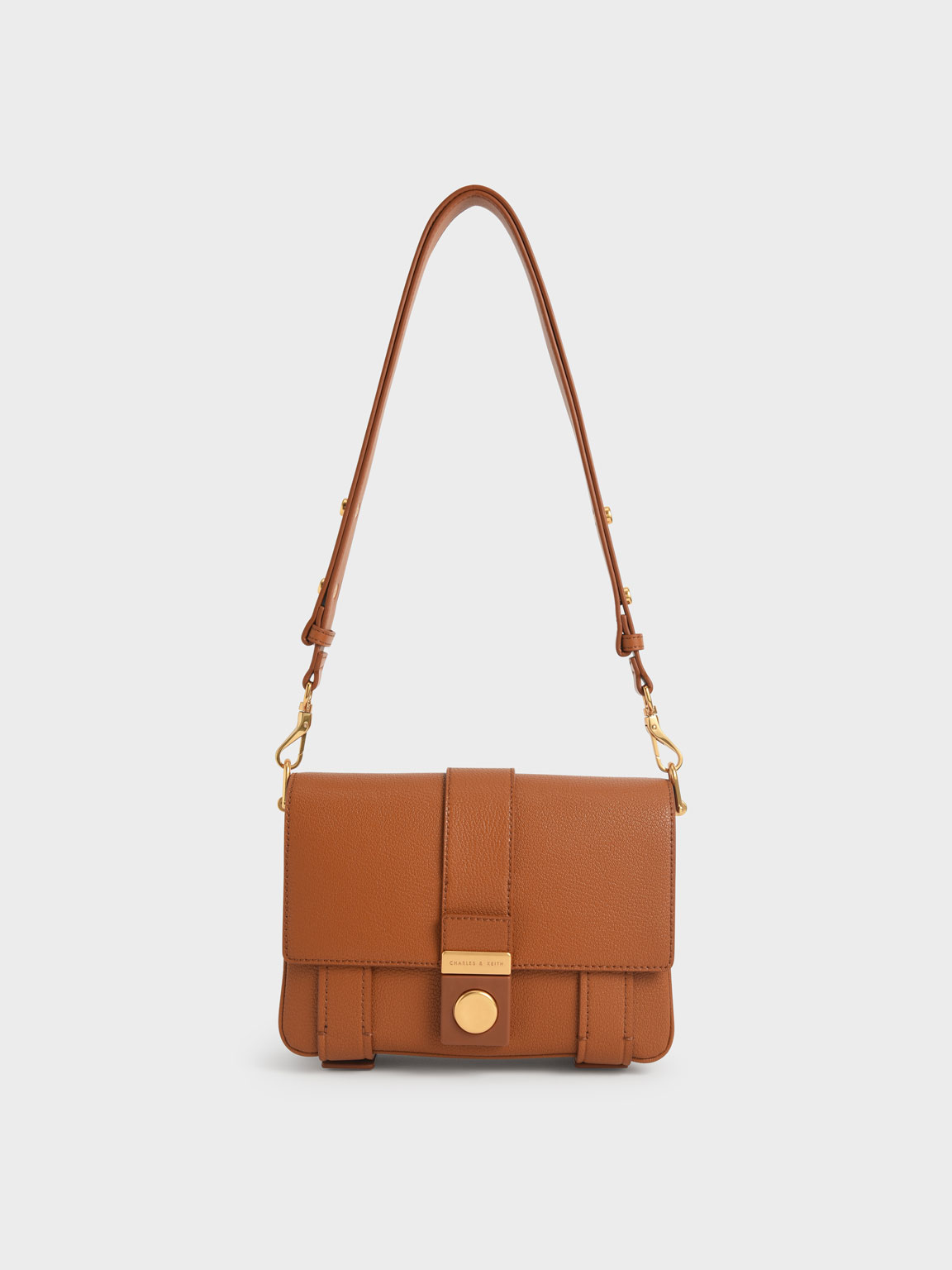 

Metallic Push-Lock Shoulder Bag, Cognac