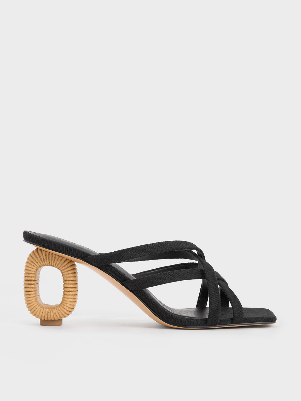 Shop Charles & Keith Linen Sculptural-heel Strappy Mules In Black Textured