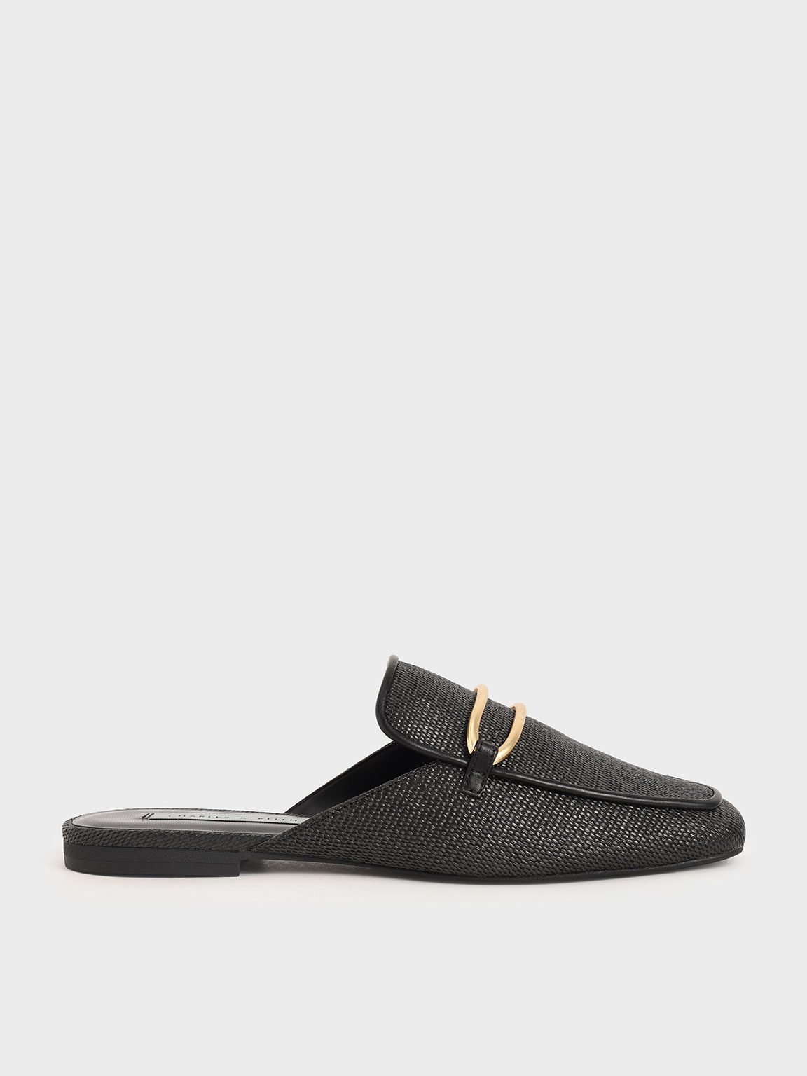 

Raffia Metallic Buckle Loafer Mules, Black