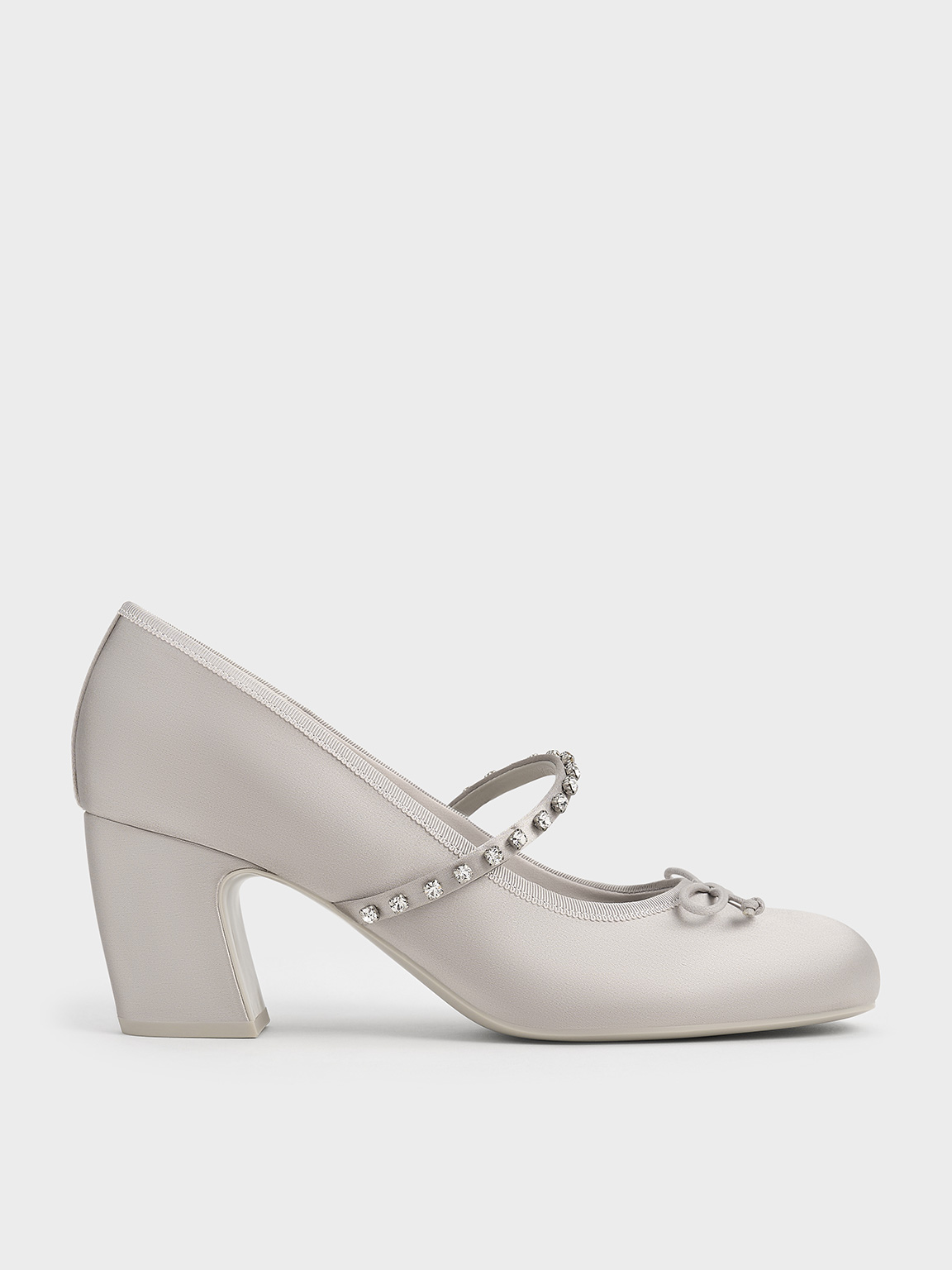 Charles & Keith - Satin Gem-embellished Bow Mary Jane Pumps In Light Grey