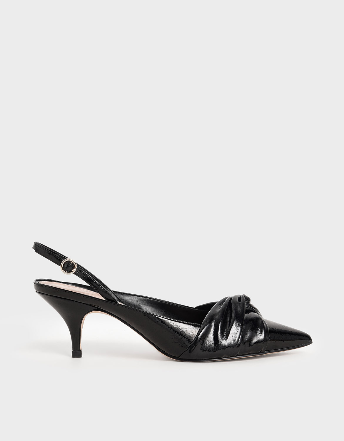 

Wrinkled Patent Knotted Slingback Pumps, Black