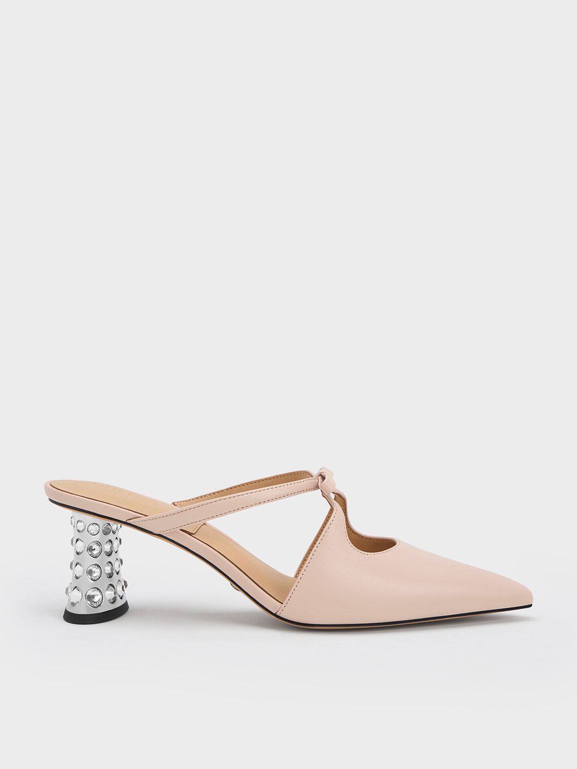 Charles & Keith Bow Crossover Gem-embellished Mules In Nude