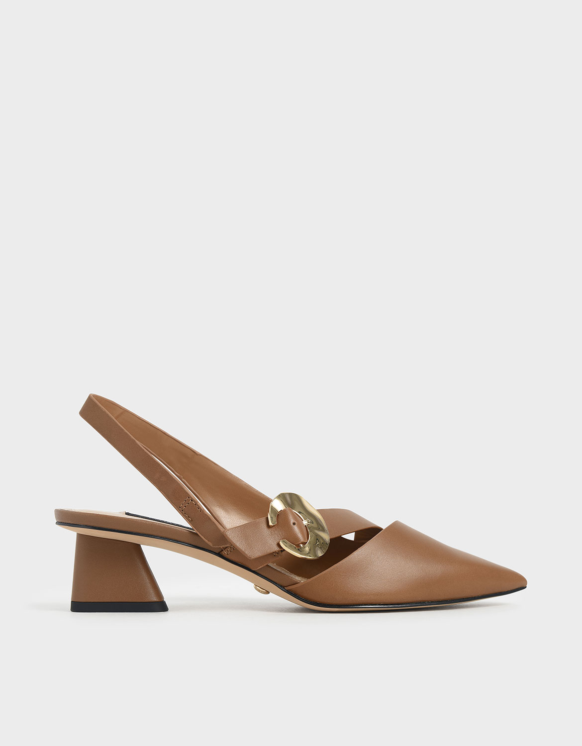 

Leather Hammered Buckle Slingback Pumps, Brown