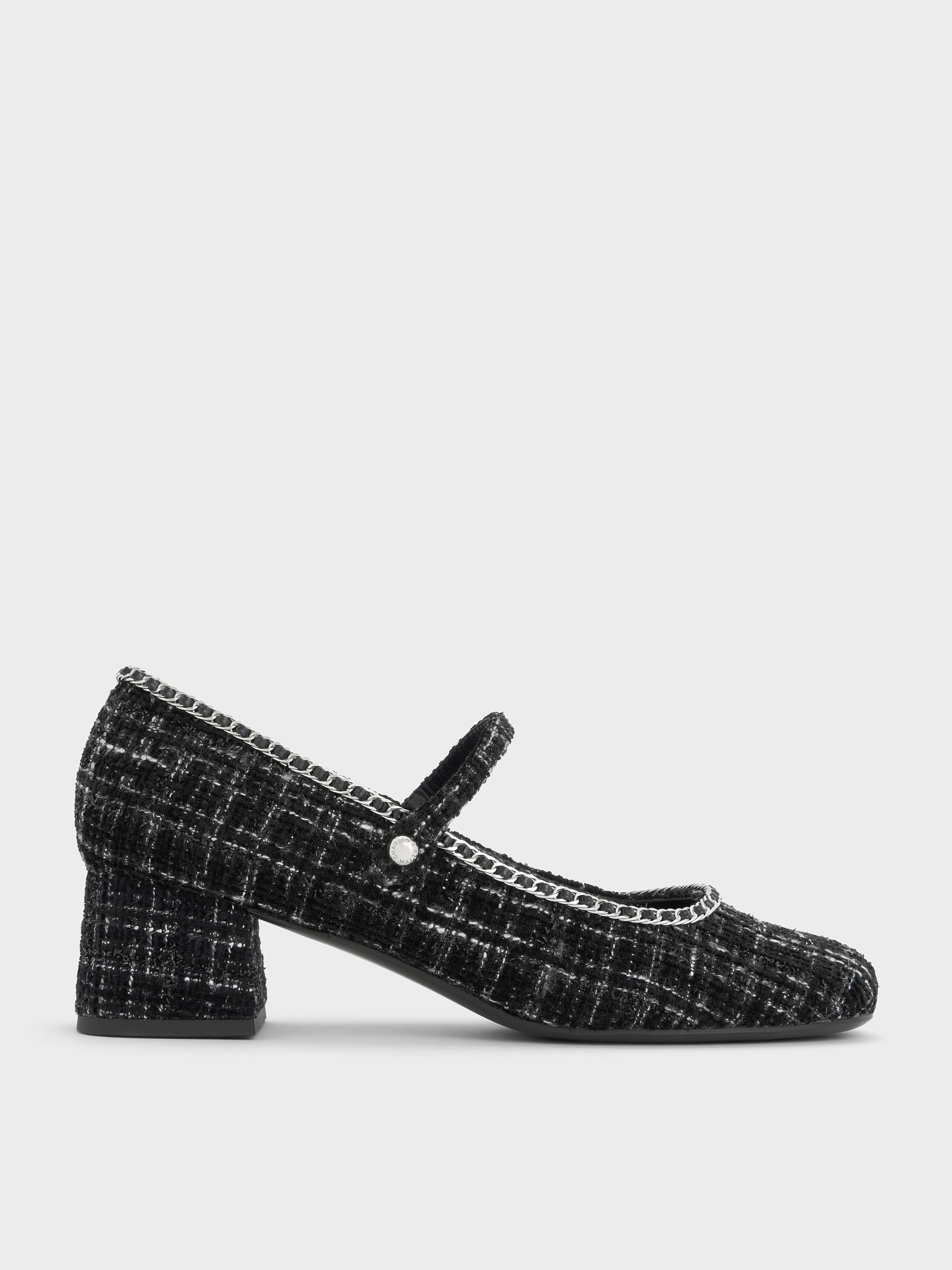 Charles & Keith - Tweed Braided-chain Block-heel Mary Jane Pumps In Black