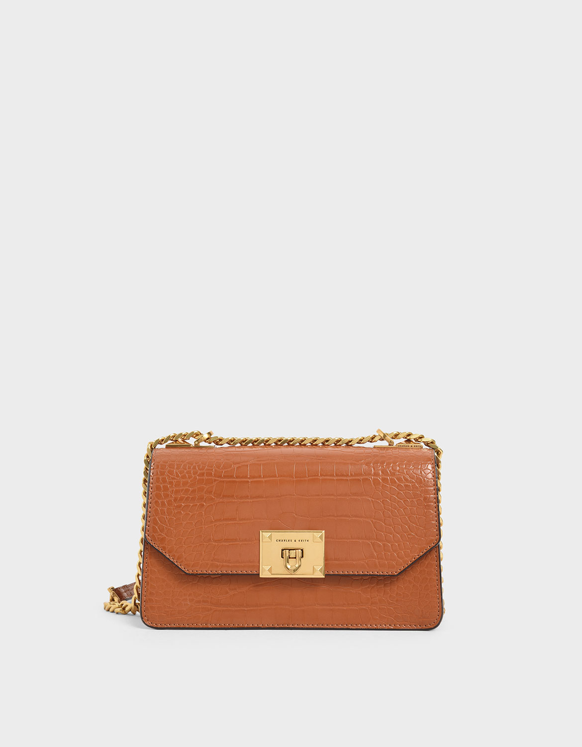 

Croc-Effect Chain Strap Crossbody Bag, Cognac