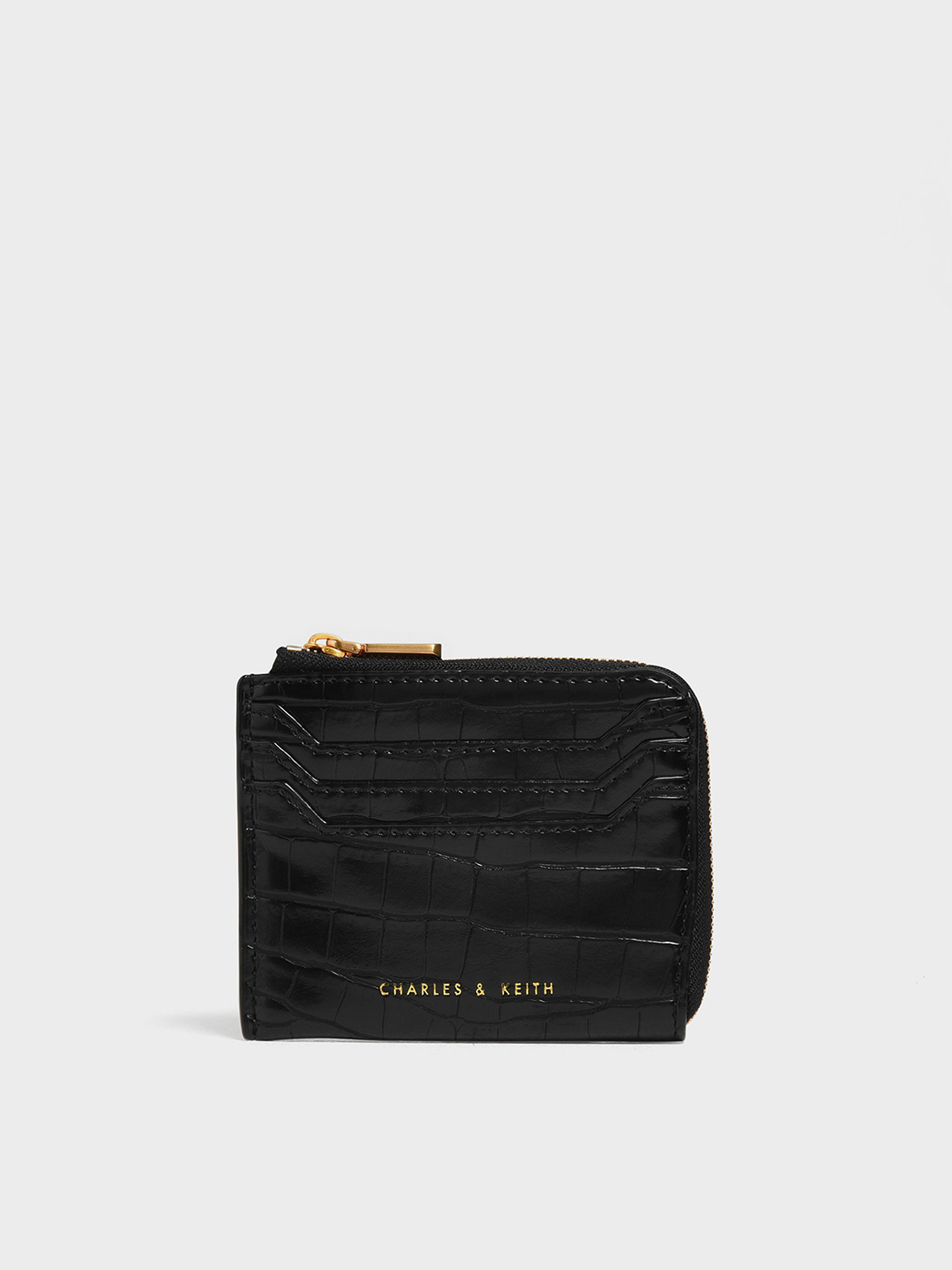 

Croc-Effect Half Zip Pouch, Black