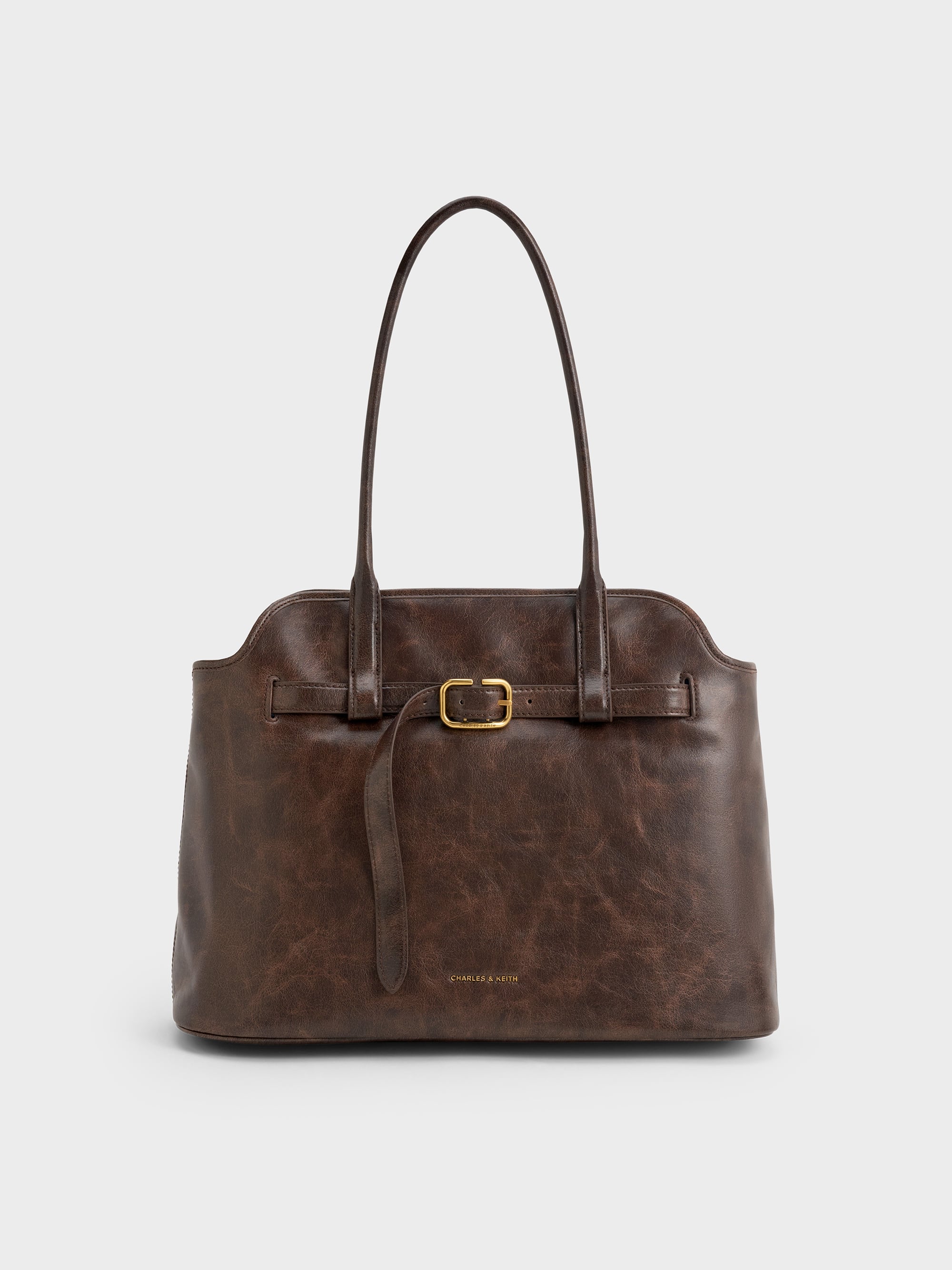 Distressed Coffee Victoria Belted Trapeze Tote Bag - CHARLES